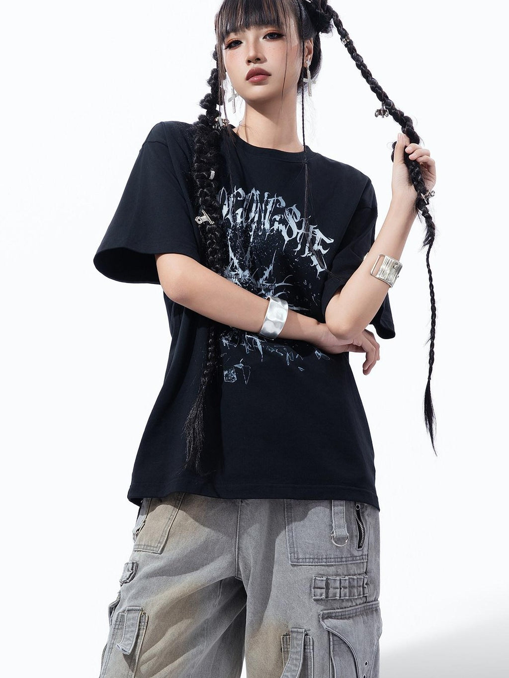 MOGONGSHE Broken Starburst Gothic Print Punk Drop Shoulder Women's Short Sleeve T-shirts