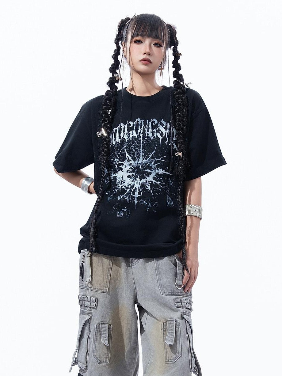 MOGONGSHE Broken Starburst Gothic Print Punk Drop Shoulder Women's Short Sleeve T-shirts