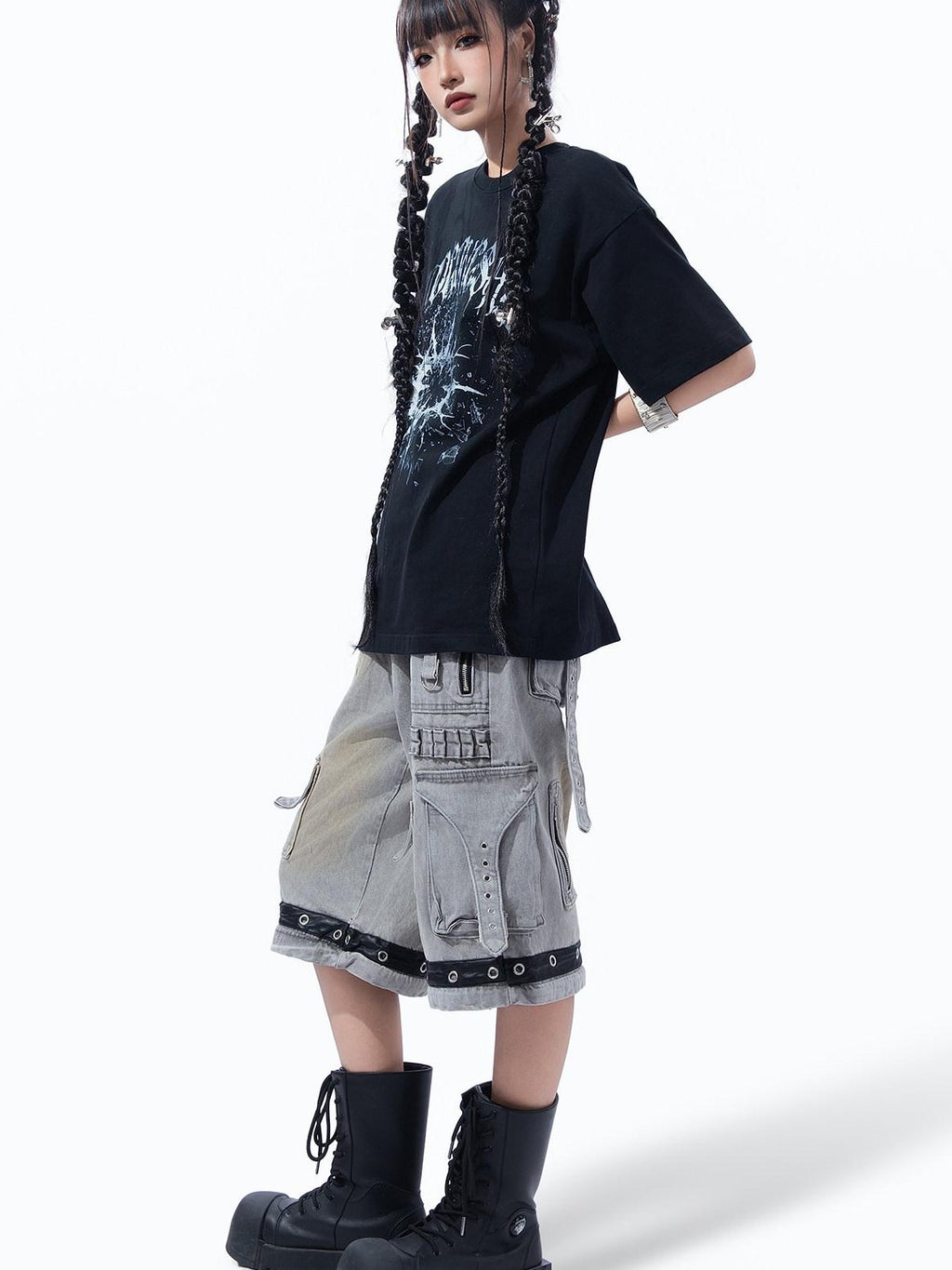 MOGONGSHE Broken Starburst Gothic Print Punk Drop Shoulder Women's Short Sleeve T-shirts