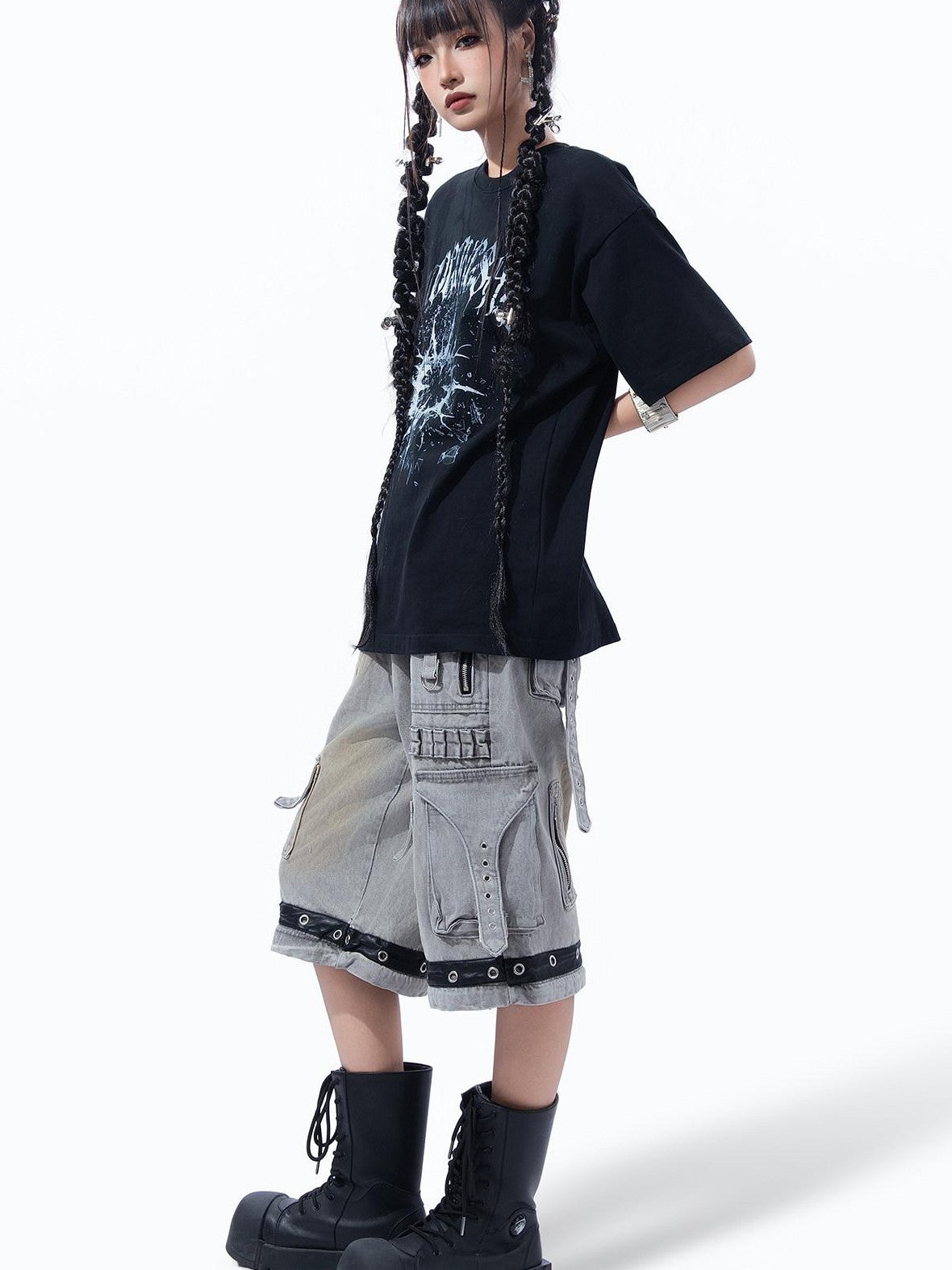 MOGONGSHE Broken Starburst Gothic Print Punk Drop Shoulder Women's Short Sleeve T-shirts