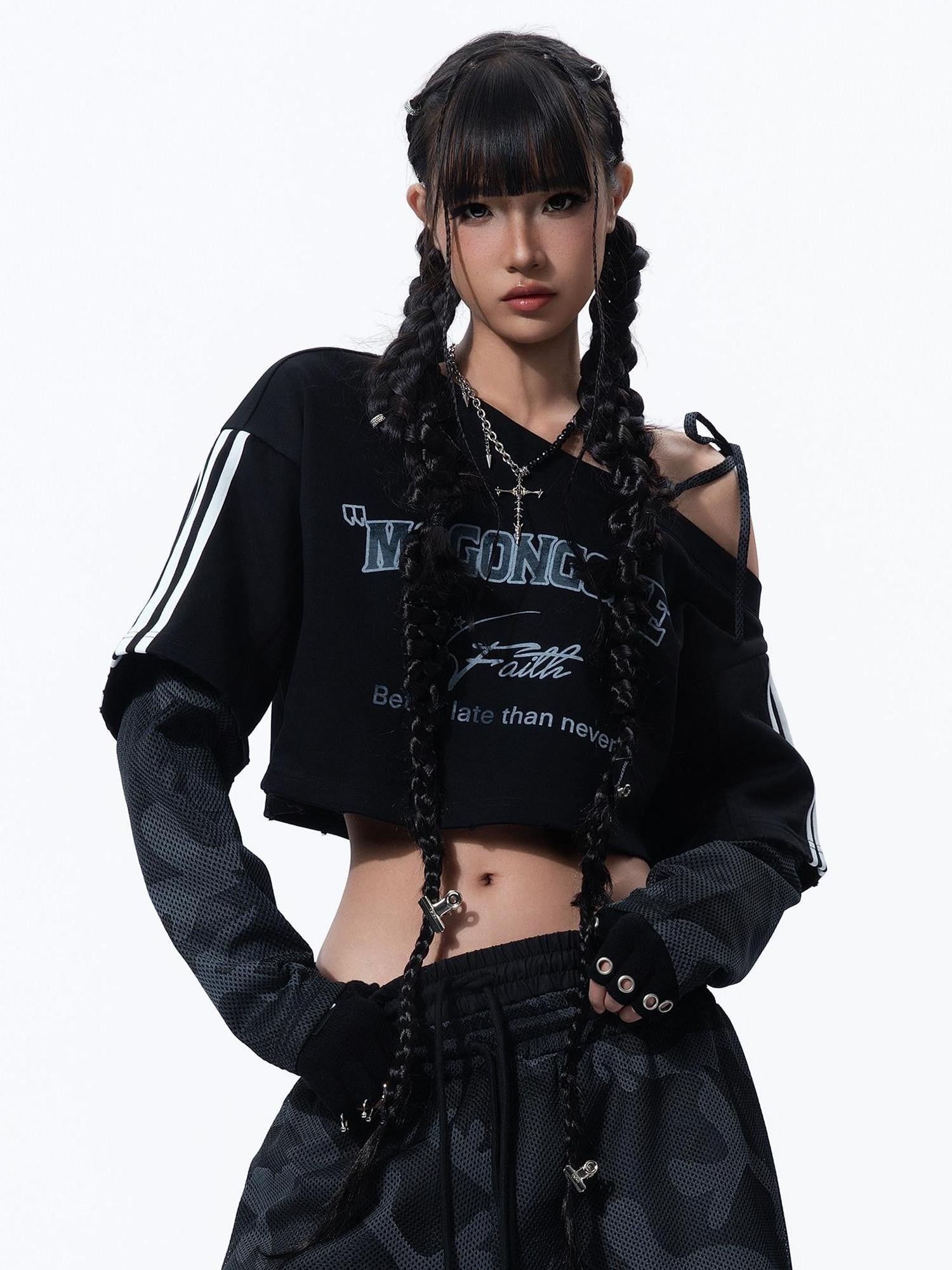 MOGONGSHE Camo Asymmetric Spliced Cropped Sporty Printed Women's Long Sleeve T-shirts