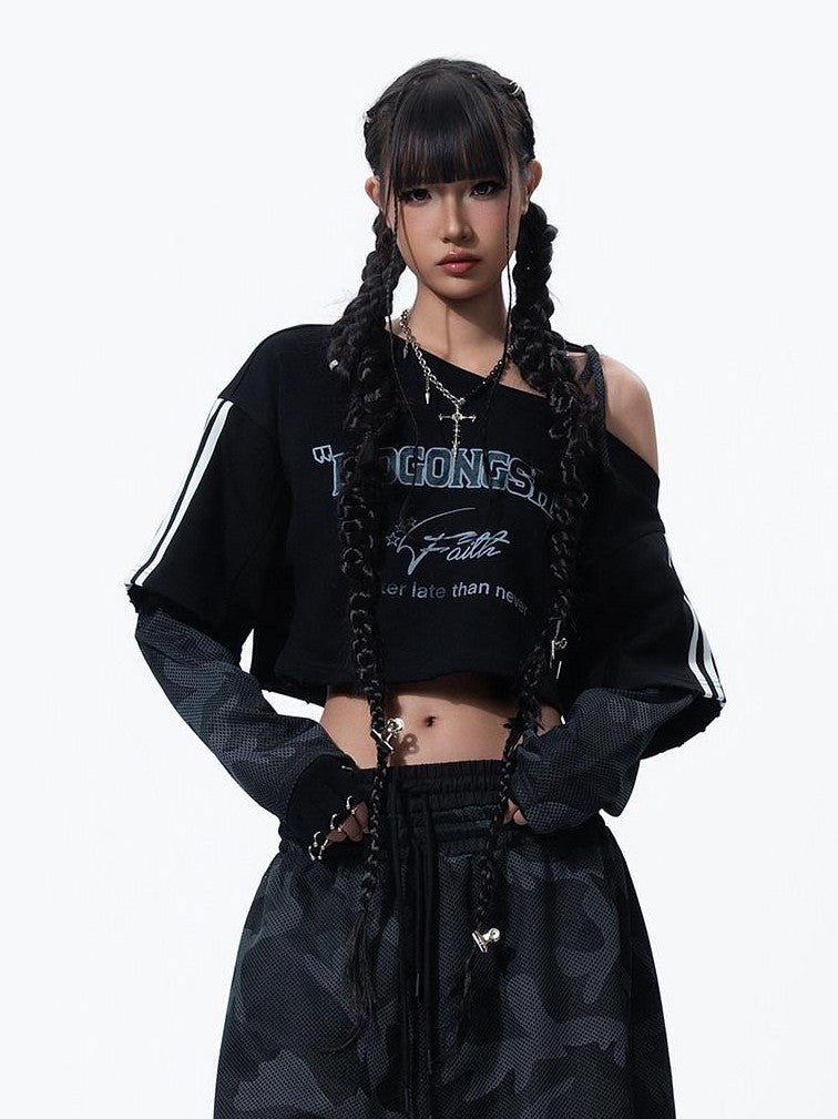 MOGONGSHE Camo Asymmetric Spliced Cropped Sporty Printed Women's Long Sleeve T-shirts