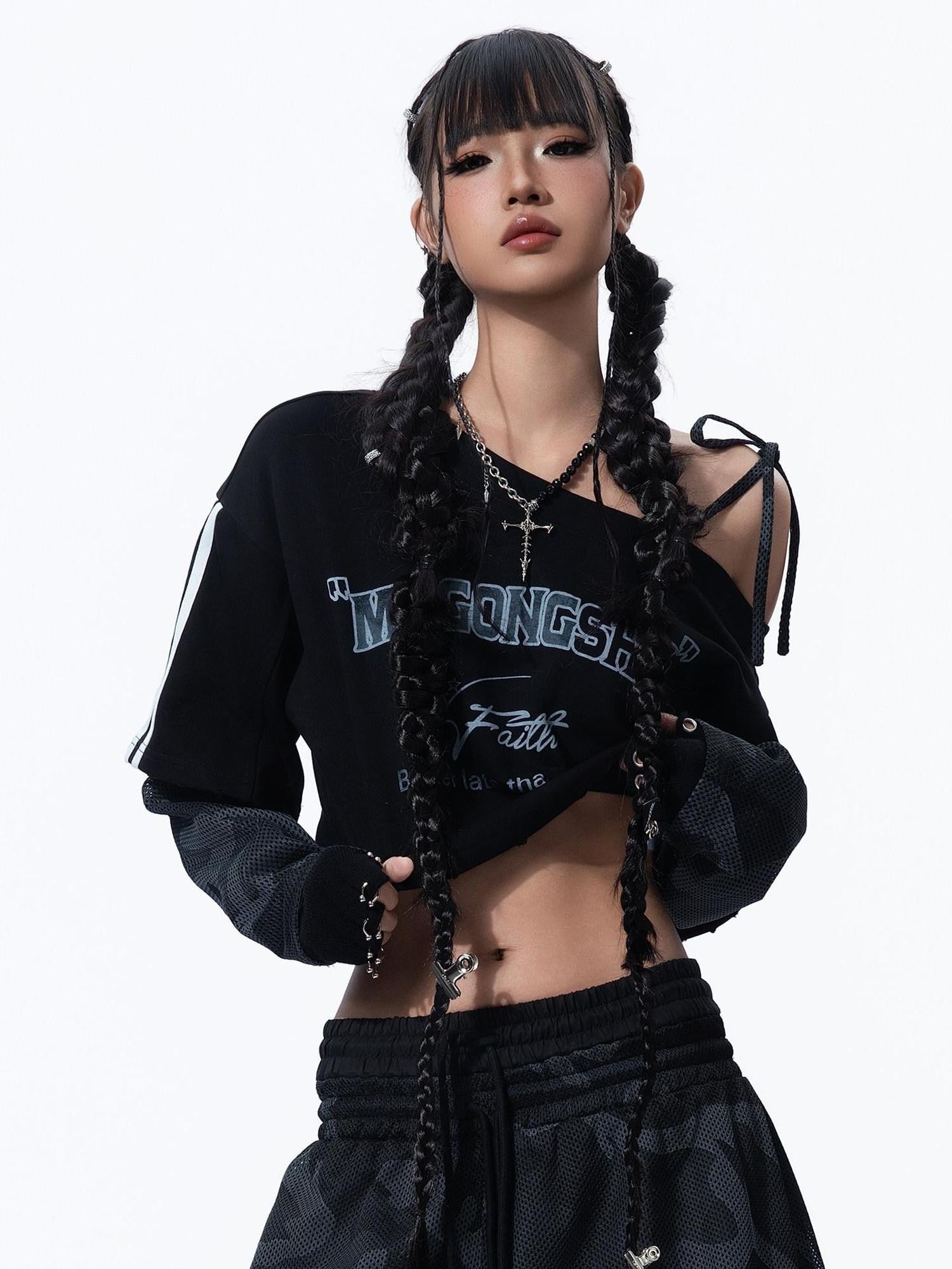 MOGONGSHE Camo Asymmetric Spliced Cropped Sporty Printed Women's Long Sleeve T-shirts
