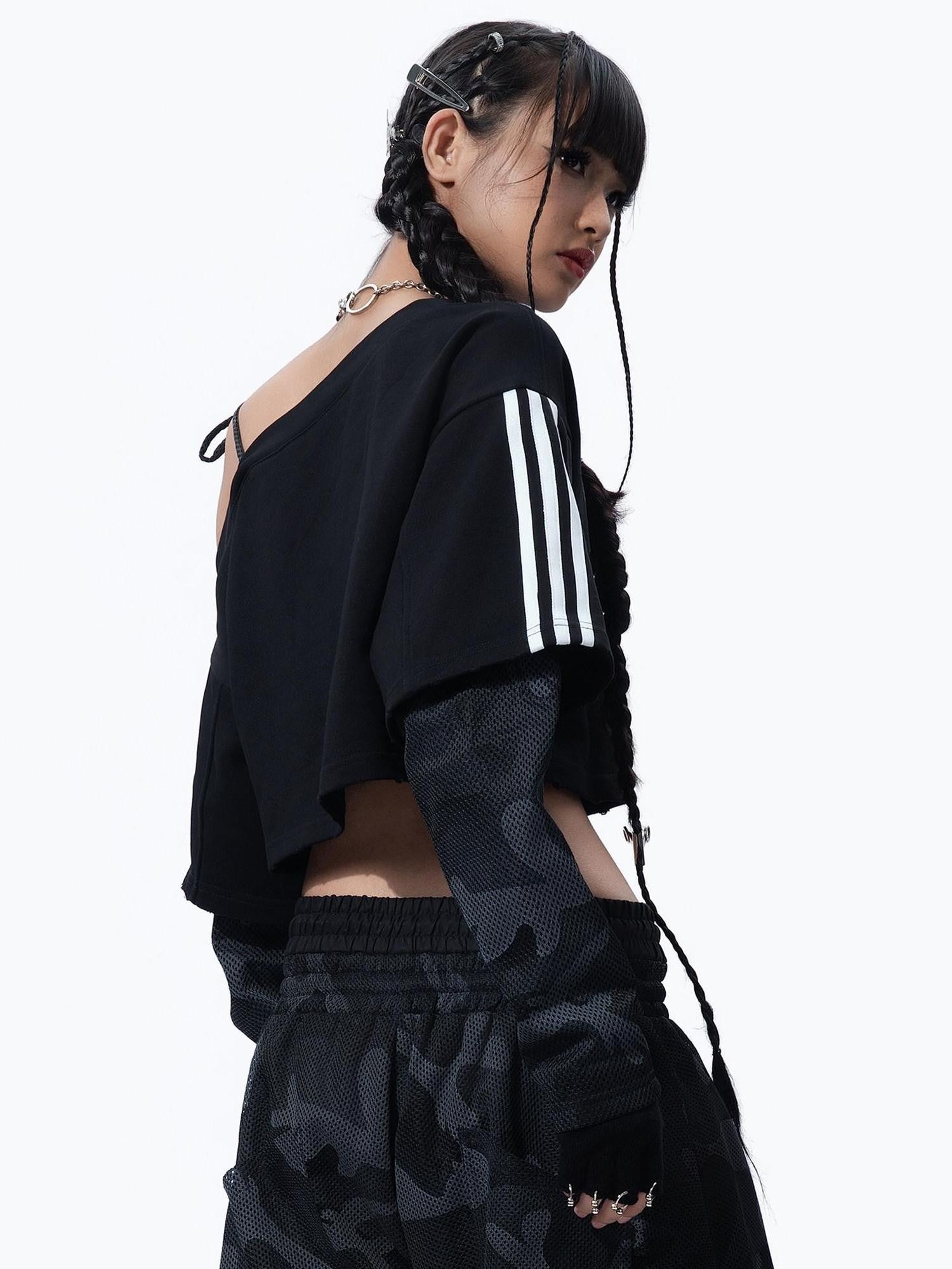 MOGONGSHE Camo Asymmetric Spliced Cropped Sporty Printed Women's Long Sleeve T-shirts