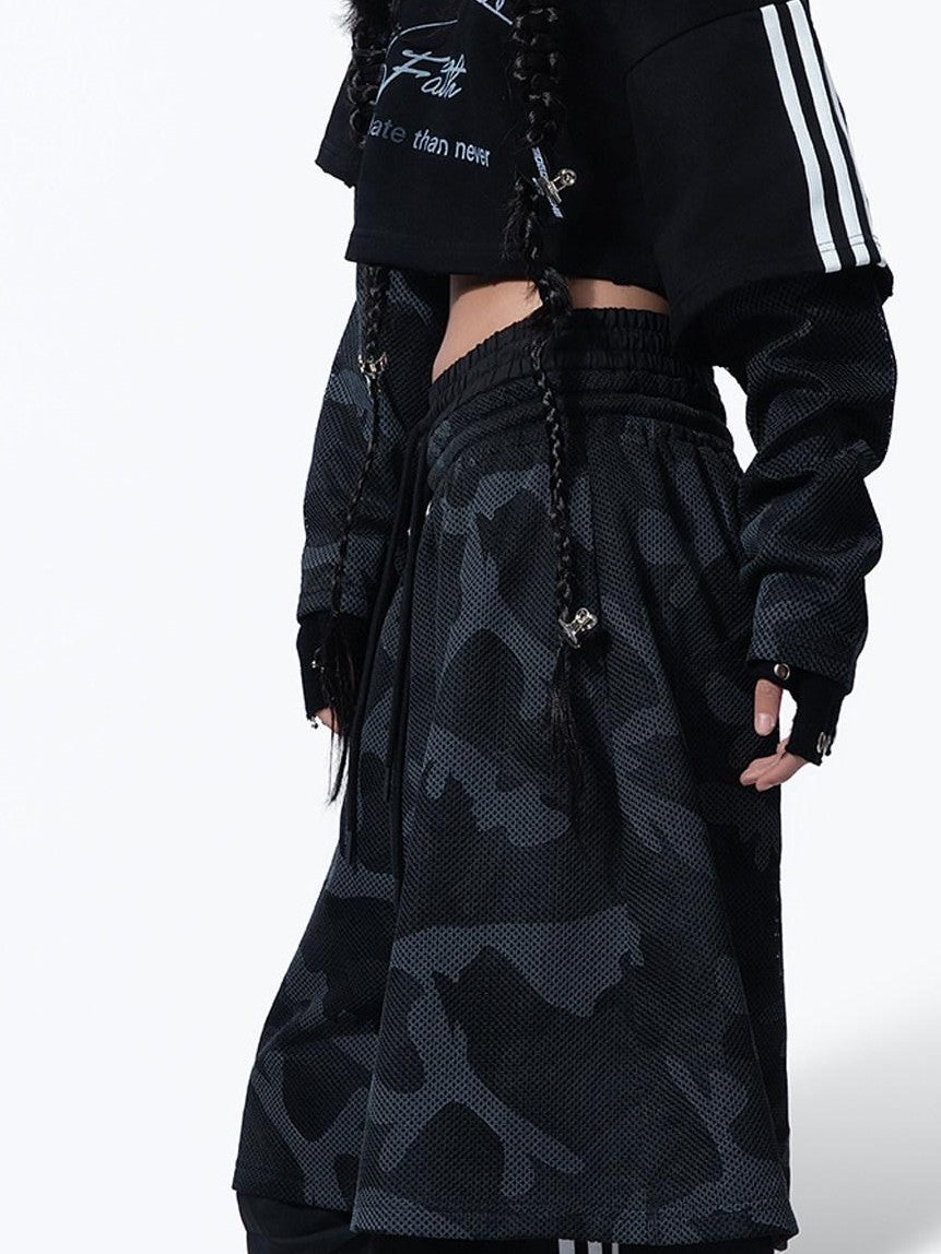 MOGONGSHE Camo Asymmetric Spliced Cropped Sporty Printed Women's Long Sleeve T-shirts