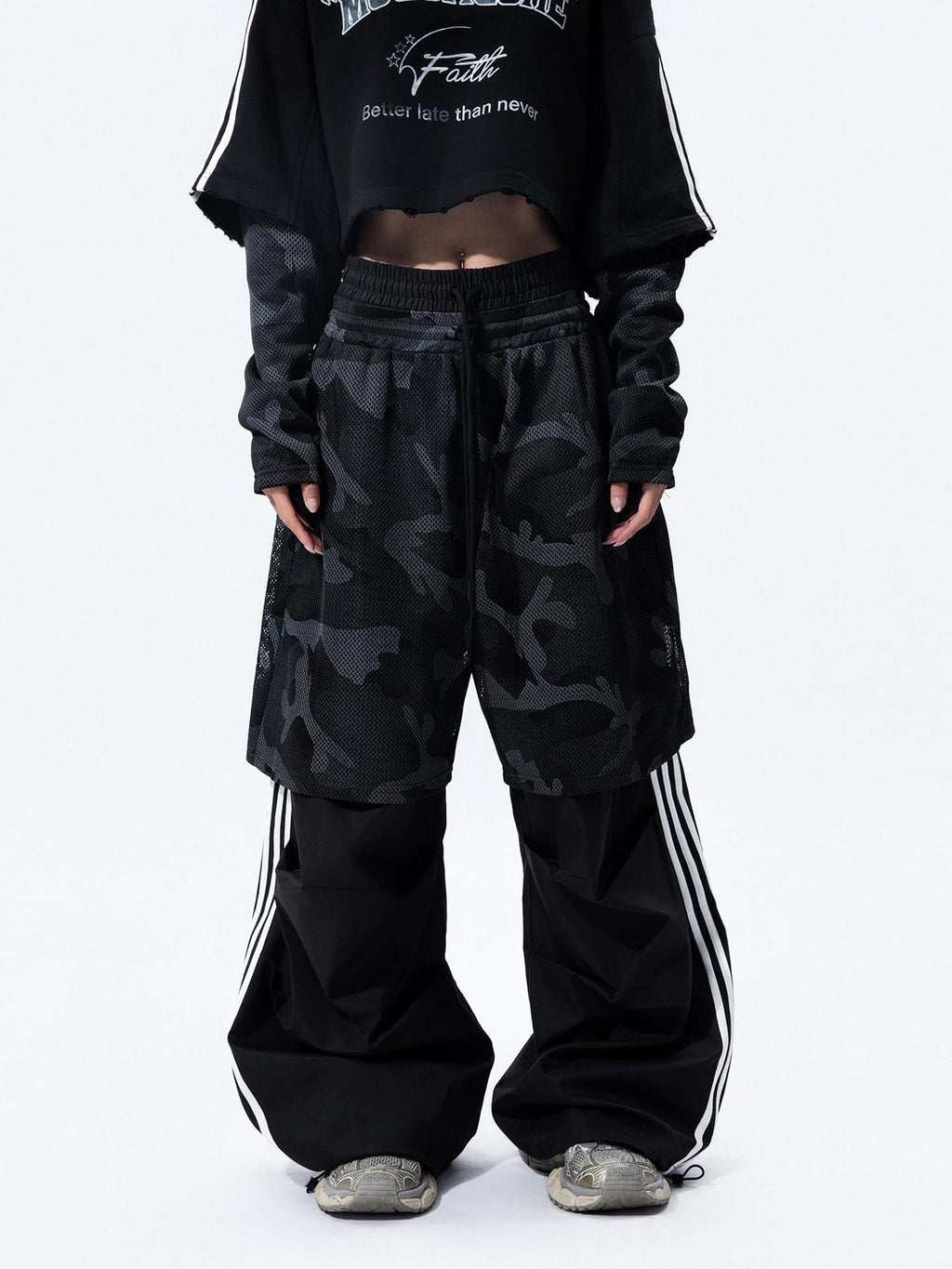 MOGONGSHE Camouflage Mesh Splice Two Layer Illusion Women's Loose Wide-leg Pants