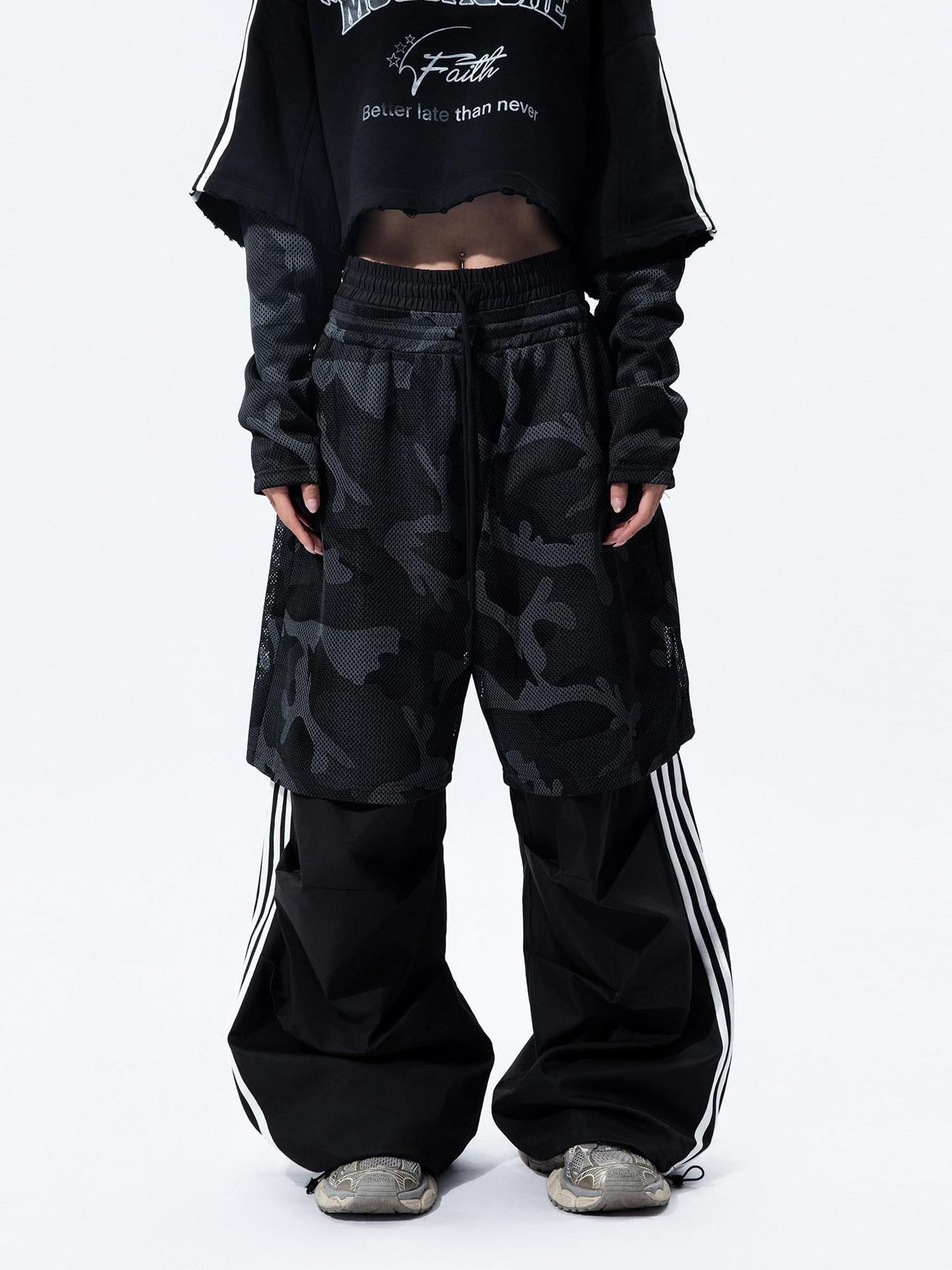 MOGONGSHE Camouflage Mesh Splice Two Layer Illusion Women's Loose Wide-leg Pants