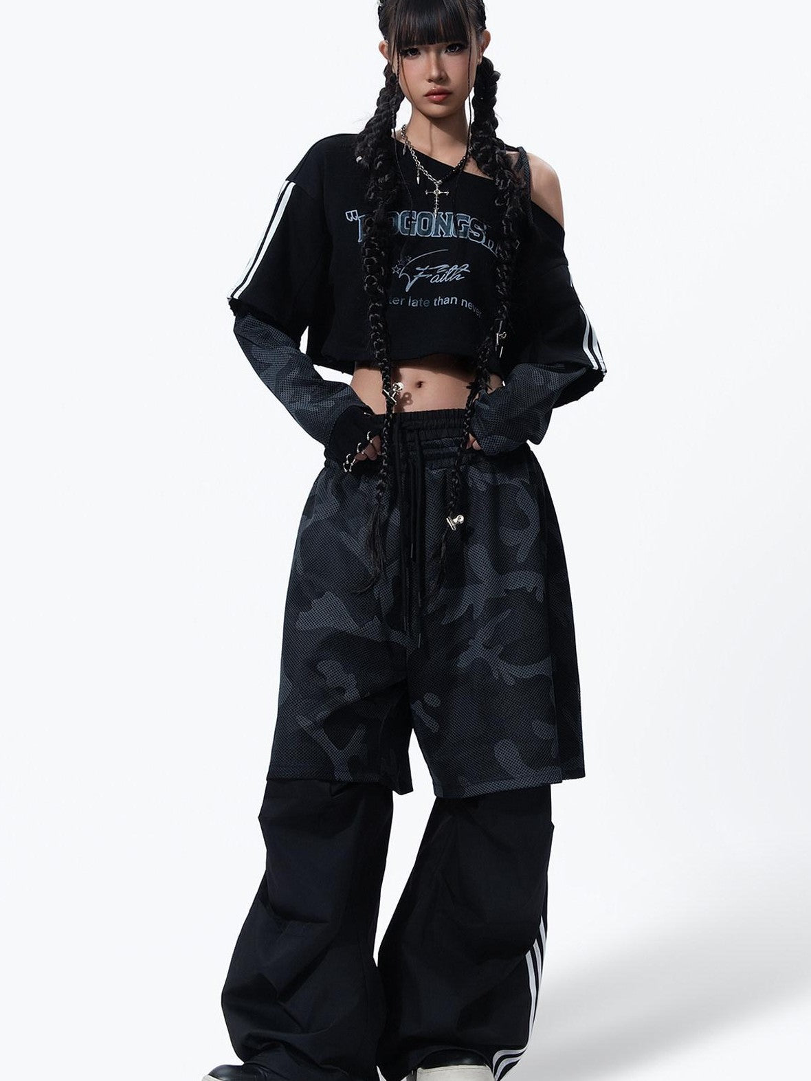 MOGONGSHE Camouflage Mesh Splice Two Layer Illusion Women's Loose Wide-leg Pants