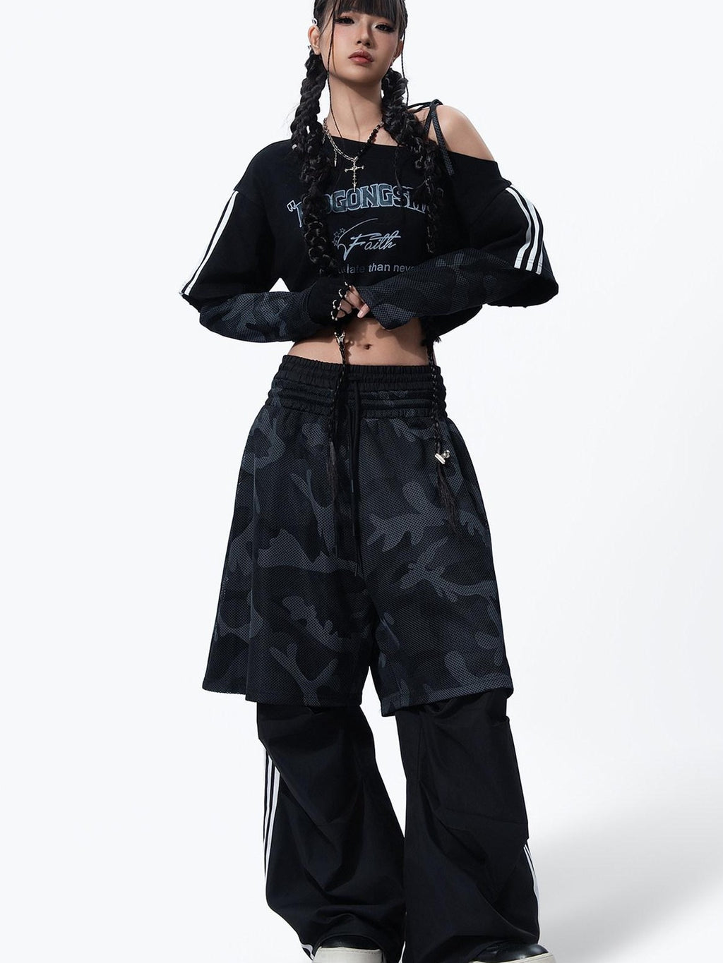 MOGONGSHE Camouflage Mesh Splice Two Layer Illusion Women's Loose Wide-leg Pants