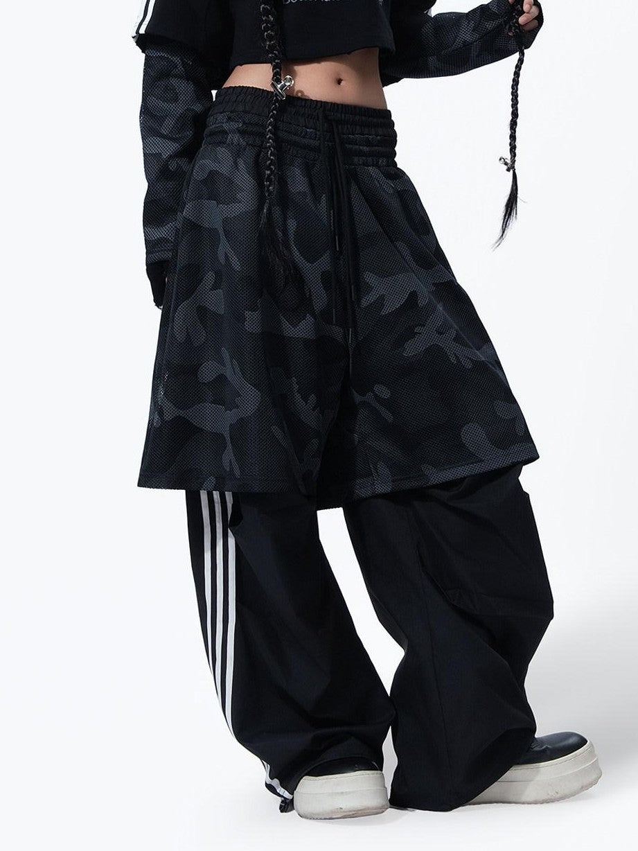 MOGONGSHE Camouflage Mesh Splice Two Layer Illusion Women's Loose Wide-leg Pants