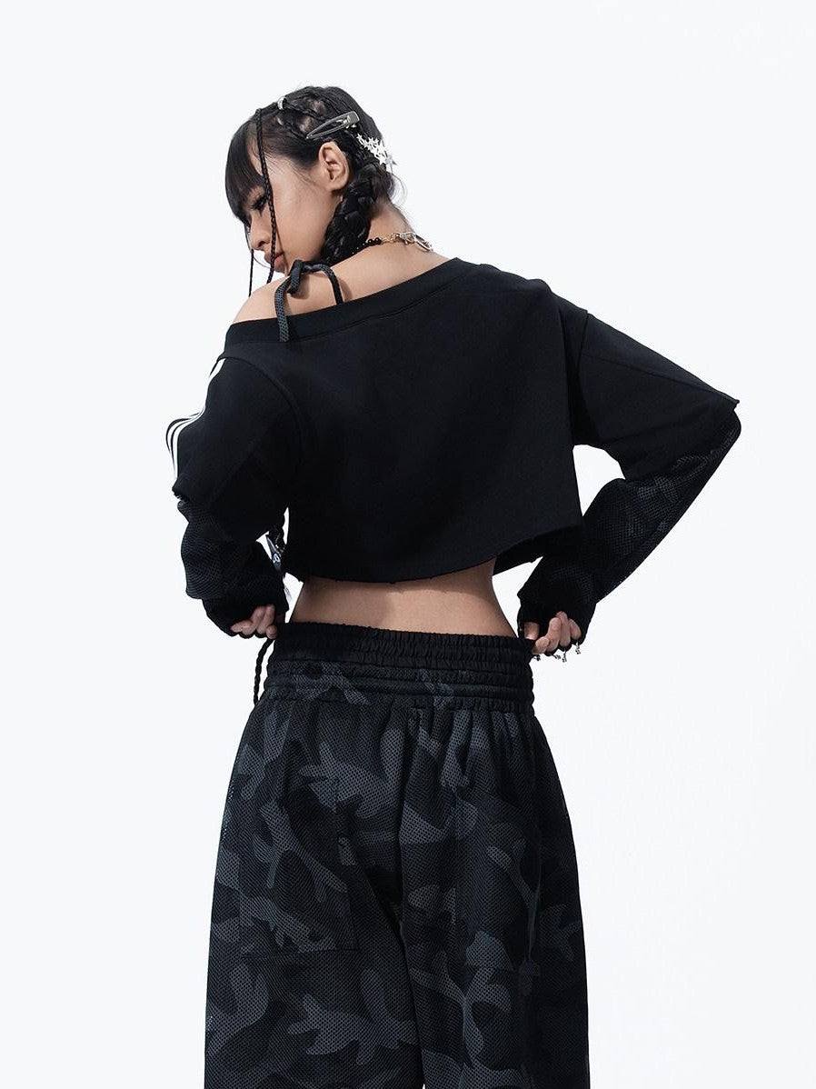 MOGONGSHE Camouflage Mesh Splice Two Layer Illusion Women's Loose Wide-leg Pants