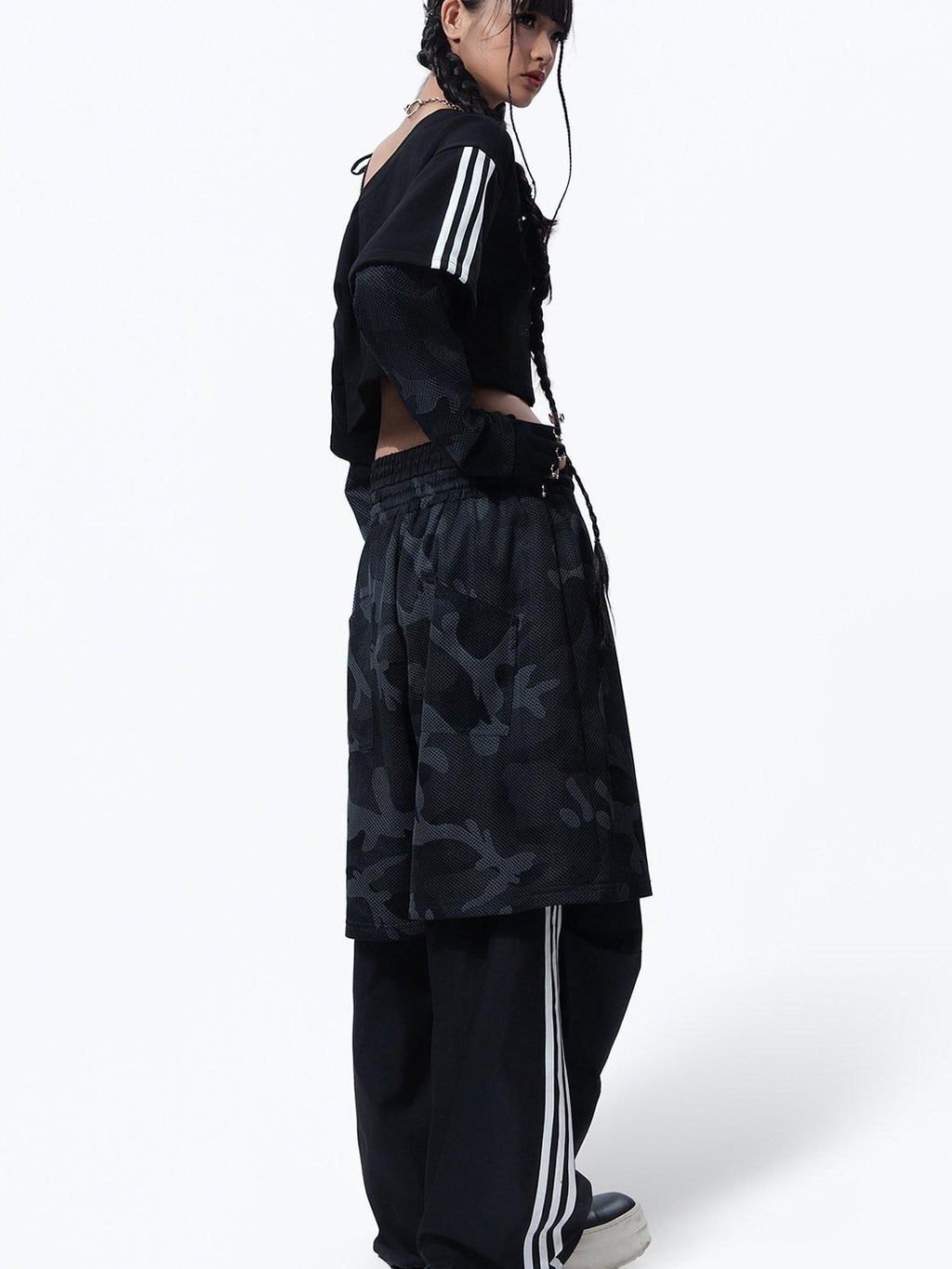 MOGONGSHE Camouflage Mesh Splice Two Layer Illusion Women's Loose Wide-leg Pants