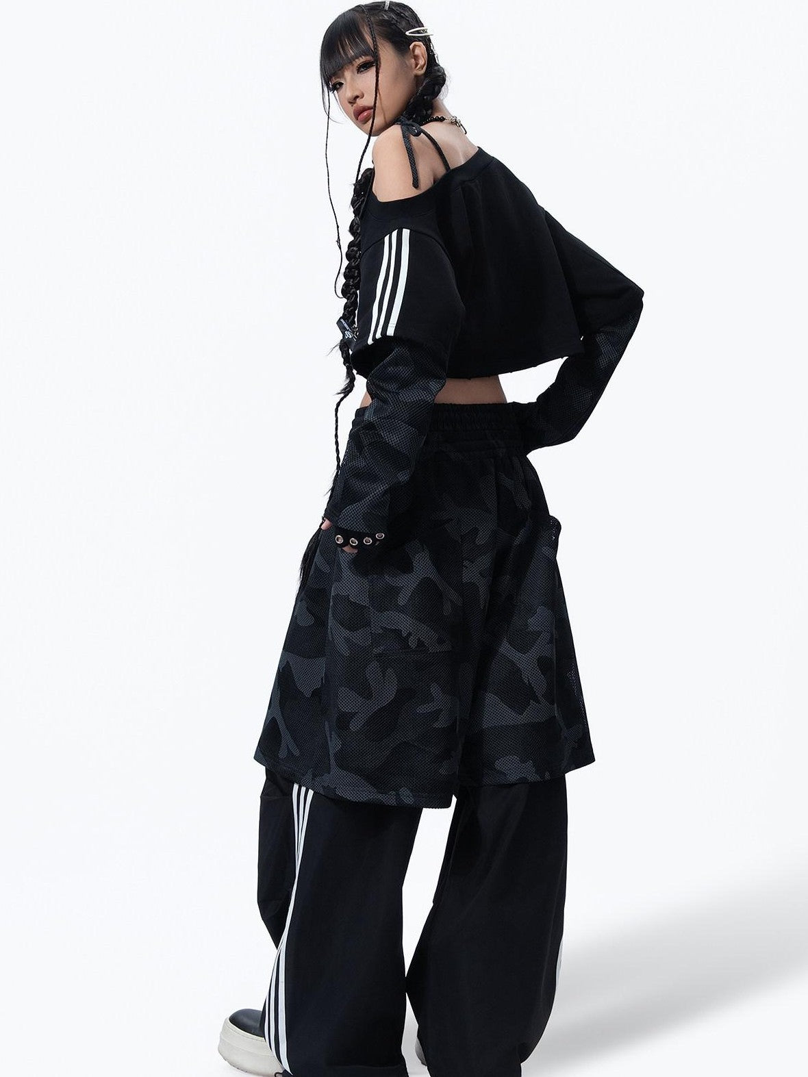 MOGONGSHE Camouflage Mesh Splice Two Layer Illusion Women's Loose Wide-leg Pants