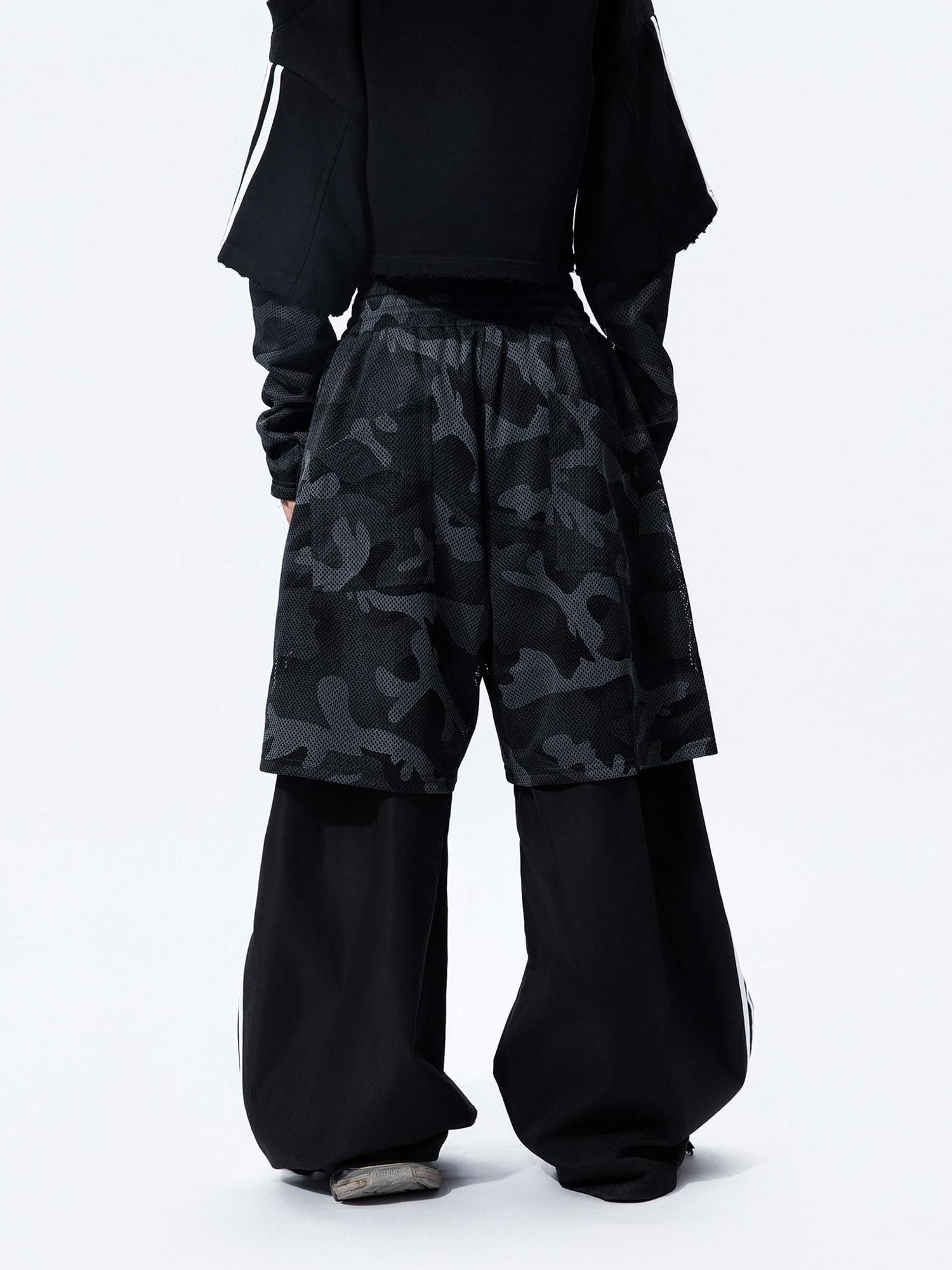 MOGONGSHE Camouflage Mesh Splice Two Layer Illusion Women's Loose Wide-leg Pants