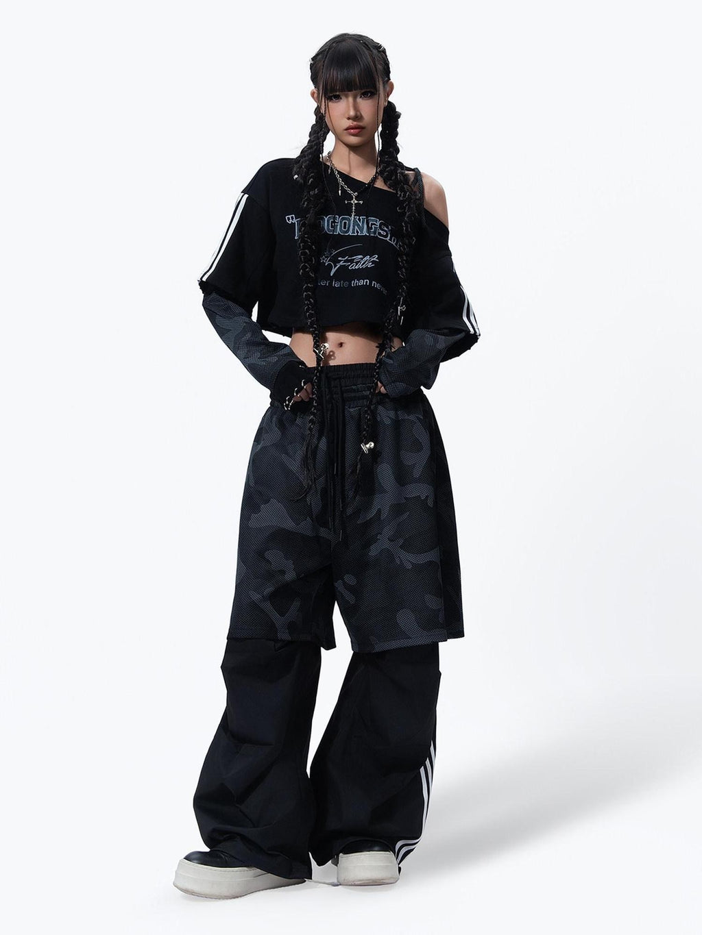 MOGONGSHE Camouflage Mesh Splice Two Layer Illusion Women's Loose Wide-leg Pants