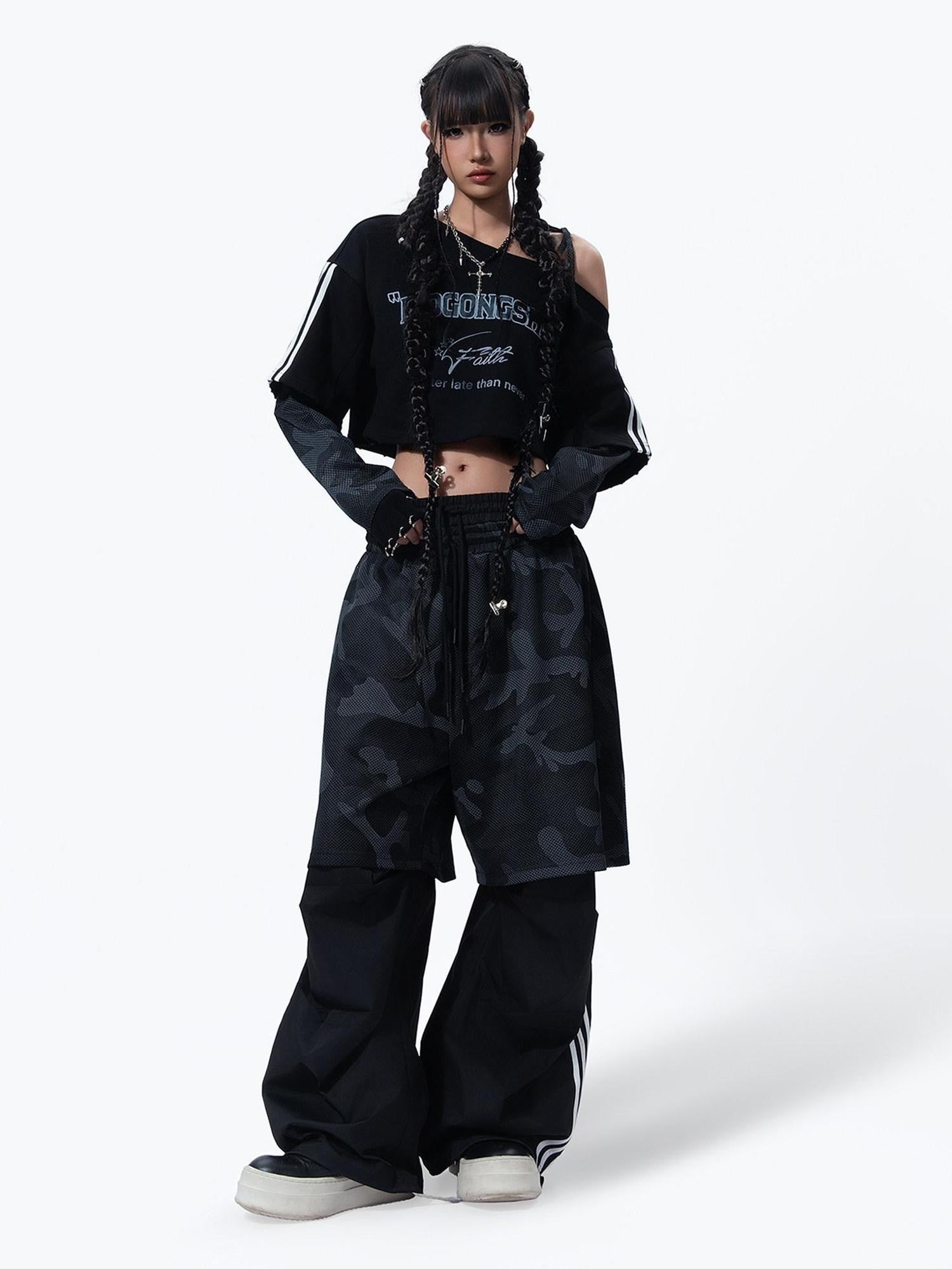 MOGONGSHE Camouflage Mesh Splice Two Layer Illusion Women's Loose Wide-leg Pants