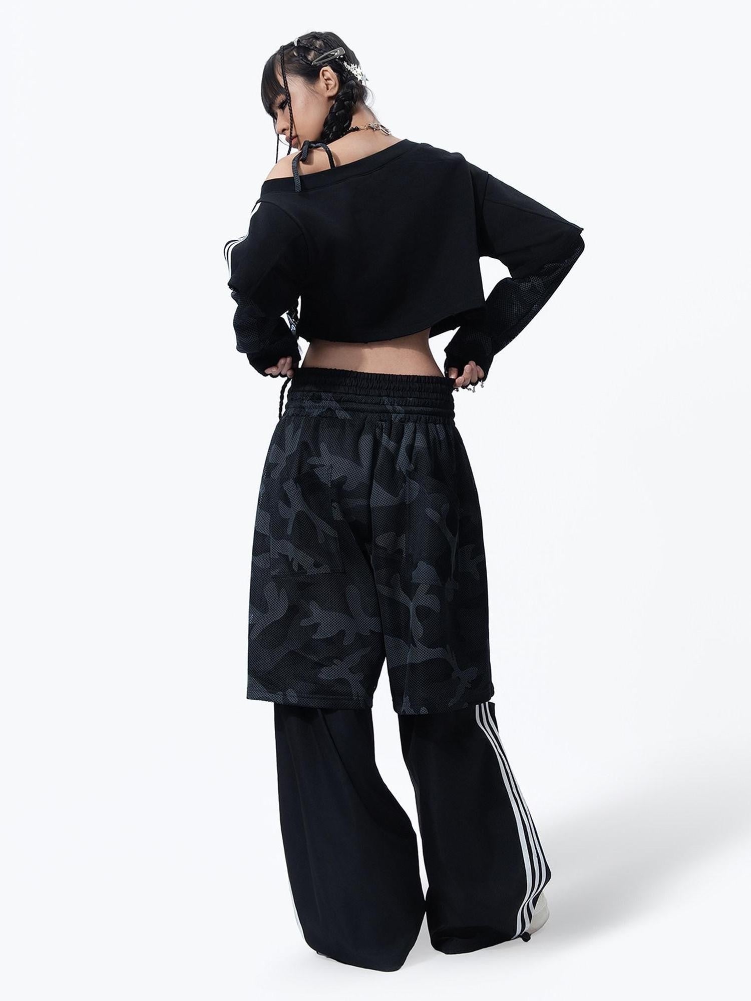 MOGONGSHE Camouflage Mesh Splice Two Layer Illusion Women's Loose Wide-leg Pants