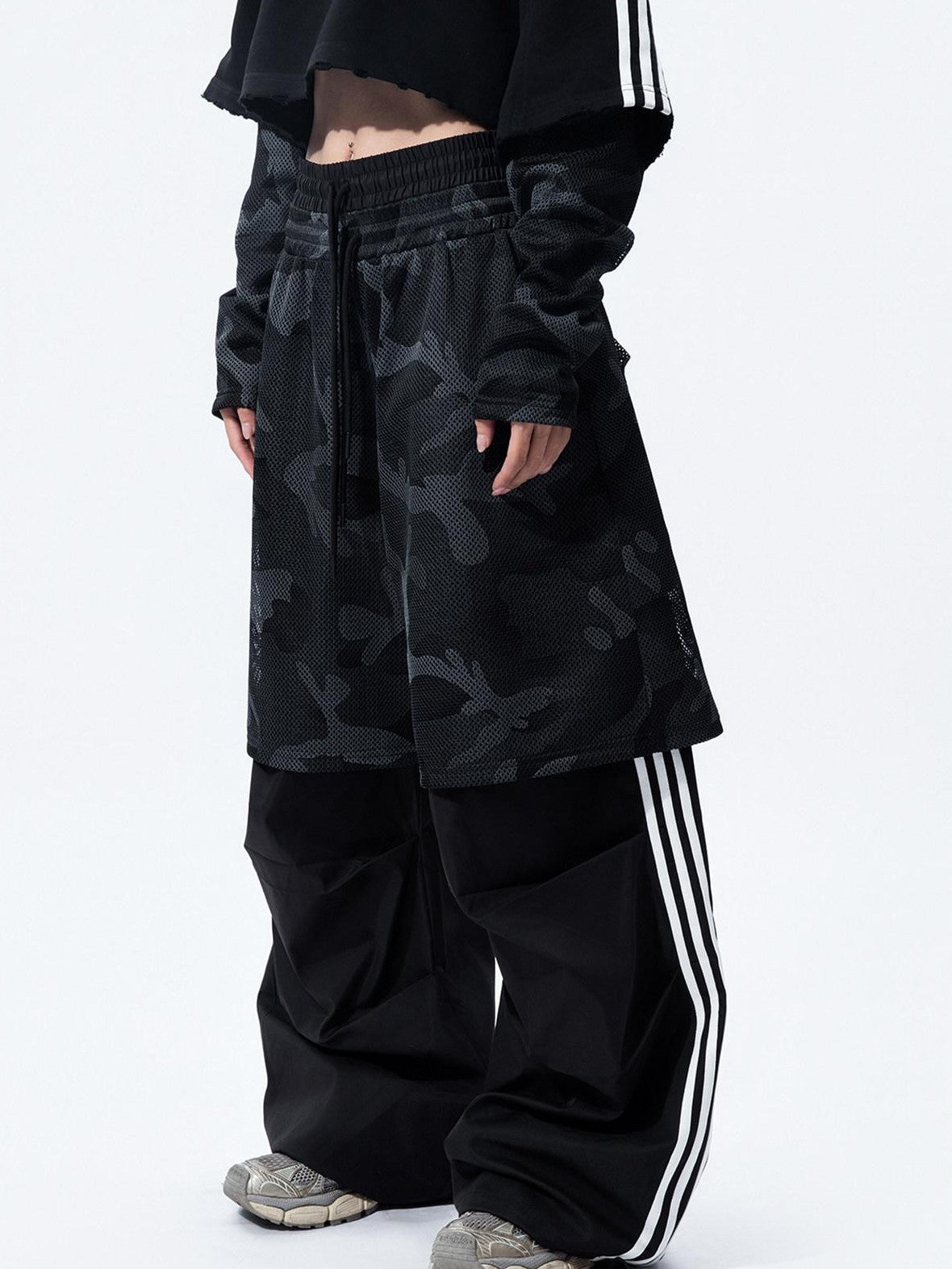 MOGONGSHE Camouflage Mesh Splice Two Layer Illusion Women's Loose Wide-leg Pants
