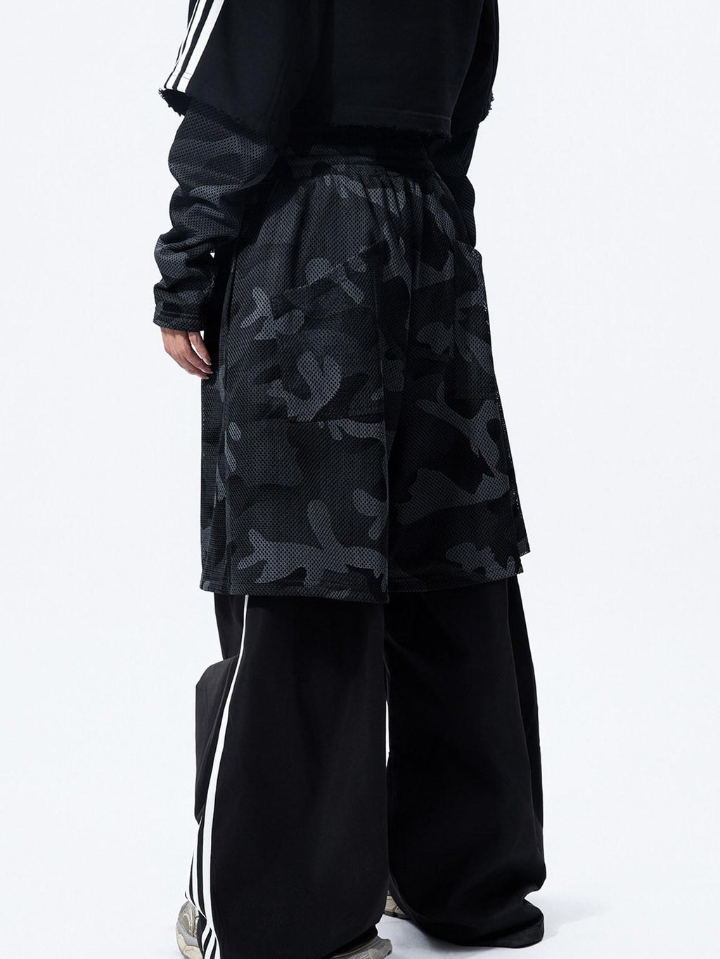 MOGONGSHE Camouflage Mesh Splice Two Layer Illusion Women's Loose Wide-leg Pants