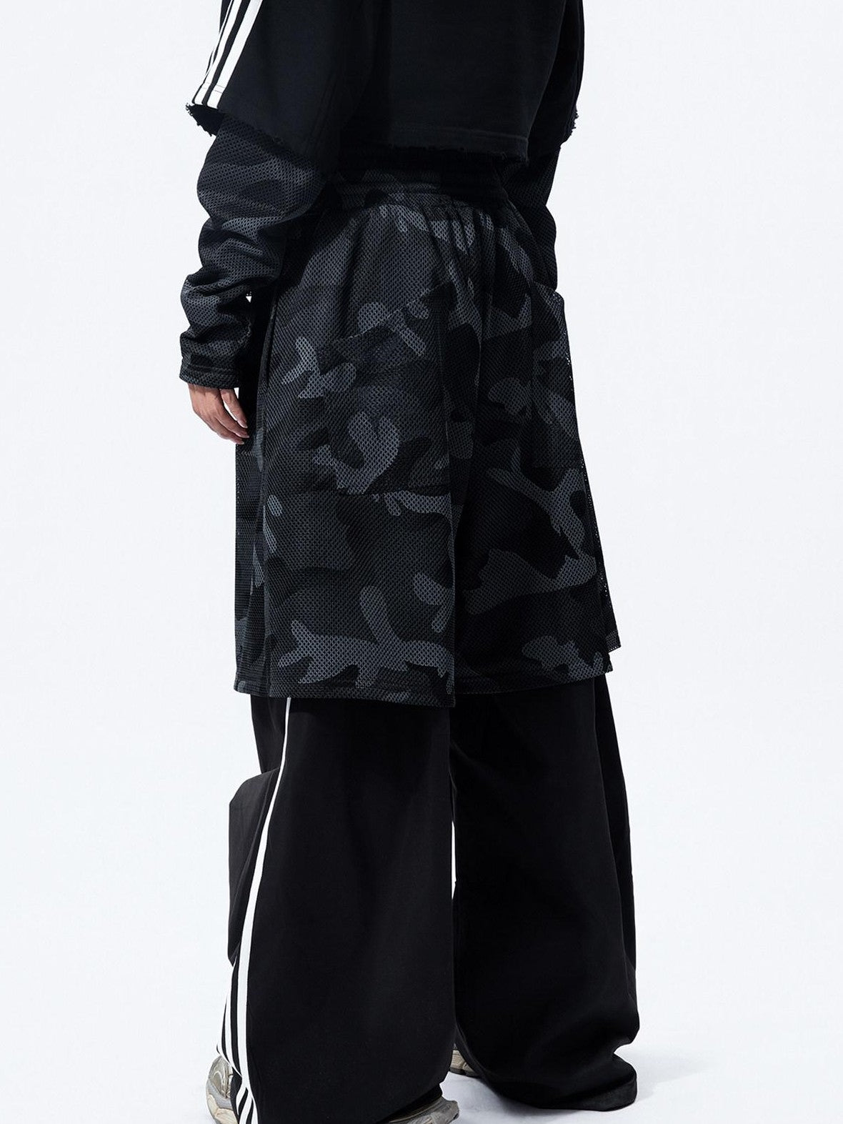MOGONGSHE Camouflage Mesh Splice Two Layer Illusion Women's Loose Wide-leg Pants