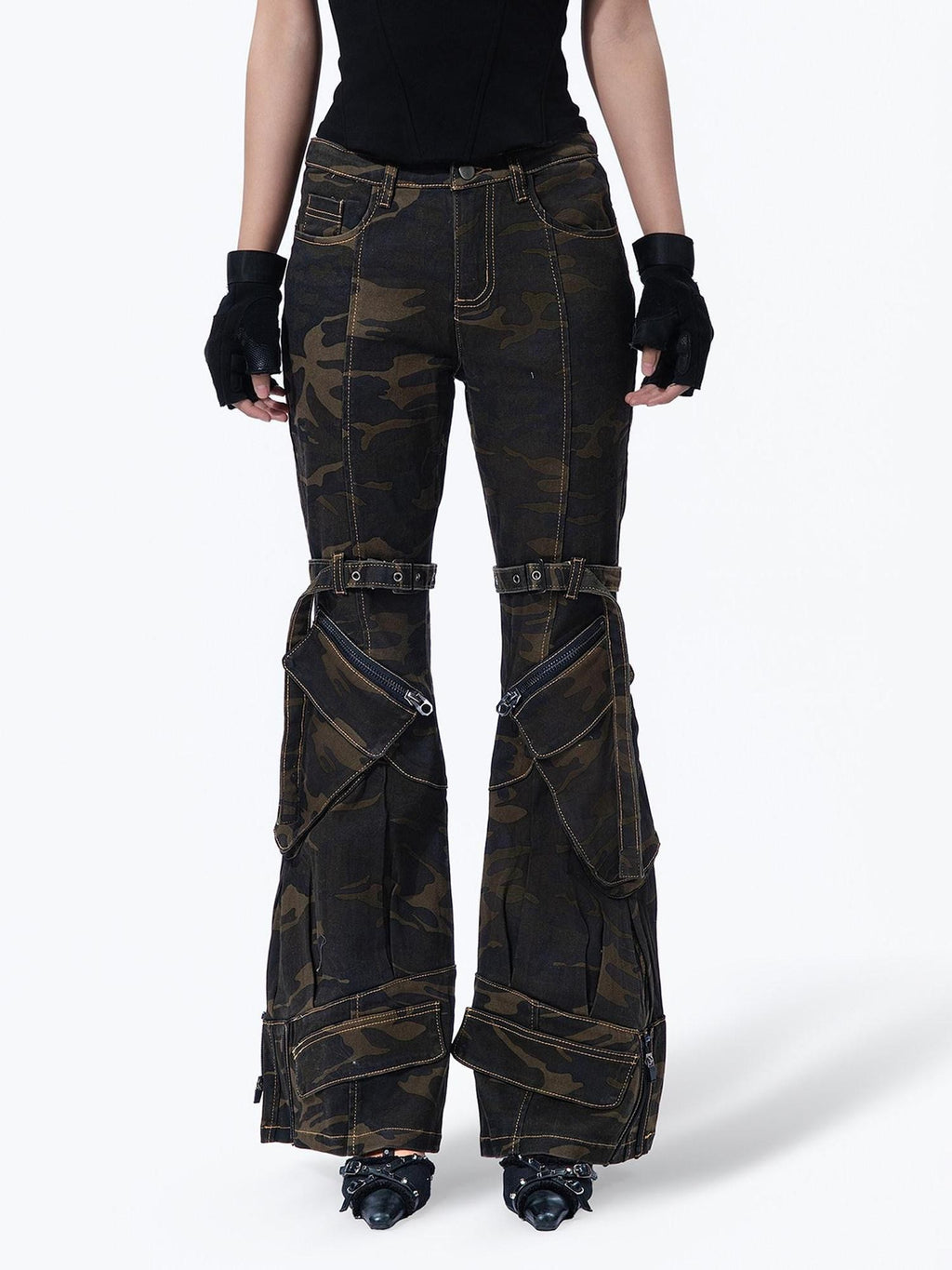 MOGONGSHE Camouflage Vintage Cargo Zipper Printed Slimming Women's Denim Flare Jeans