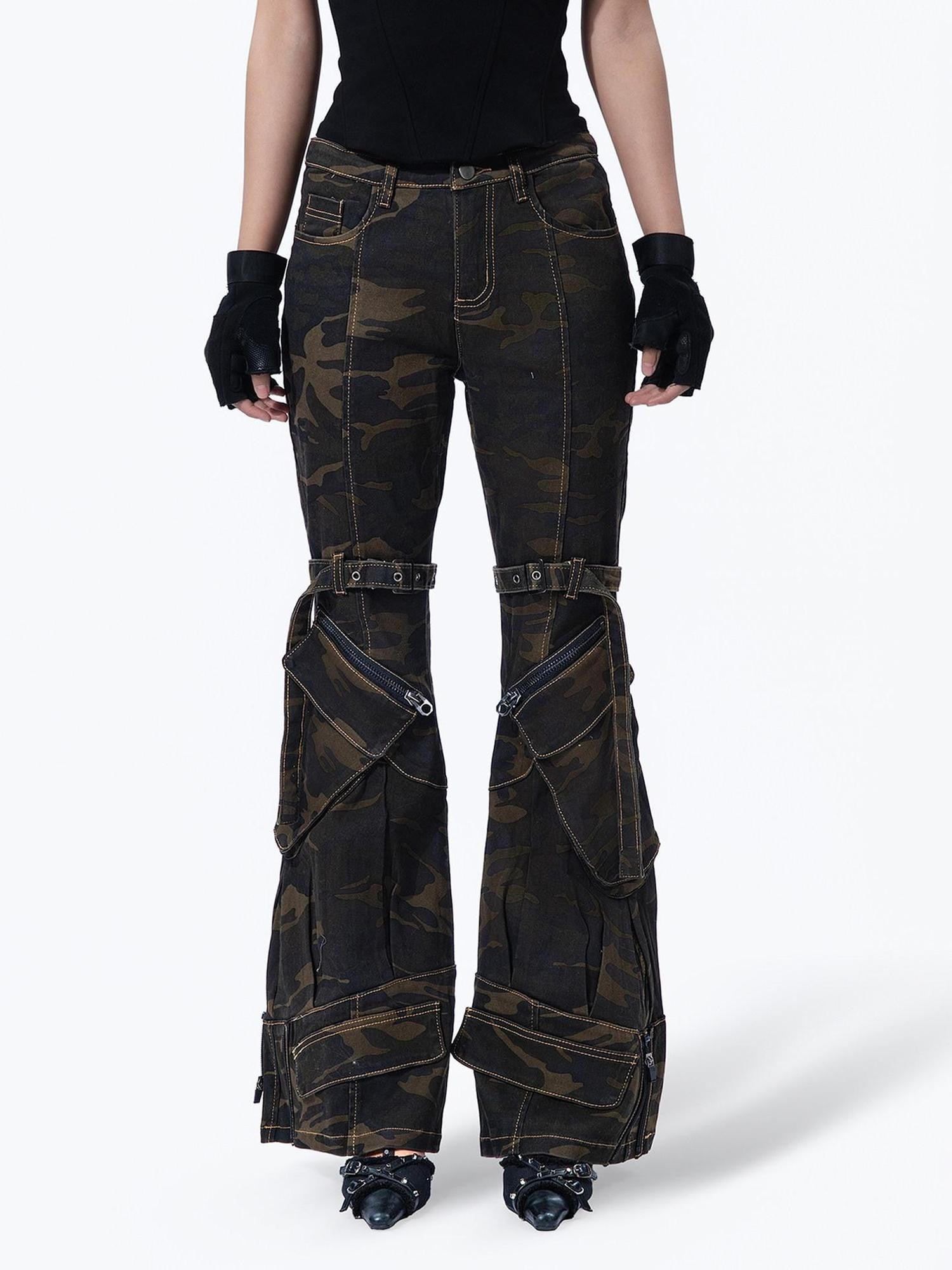 MOGONGSHE Camouflage Vintage Cargo Zipper Printed Slimming Women's Denim Flare Jeans