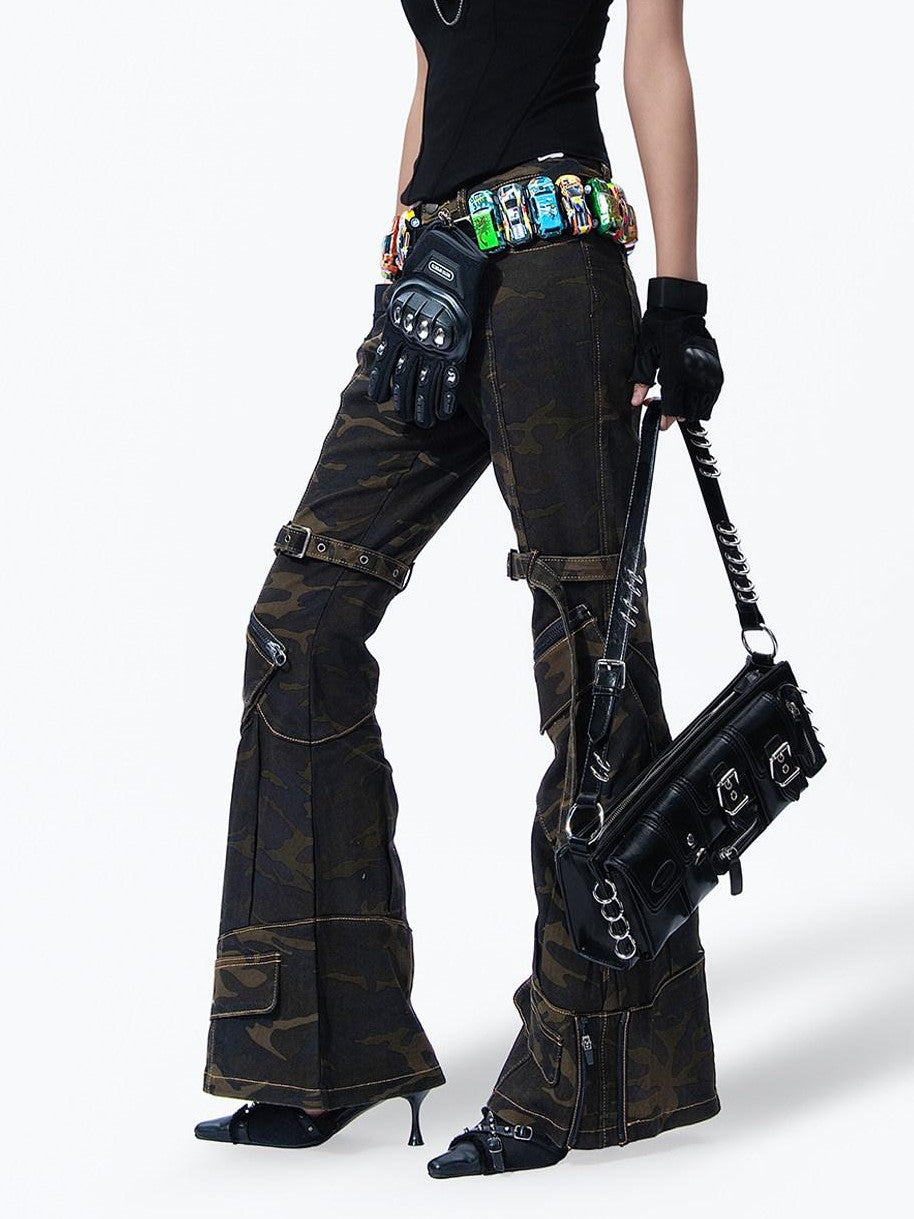 MOGONGSHE Camouflage Vintage Cargo Zipper Printed Slimming Women's Denim Flare Jeans