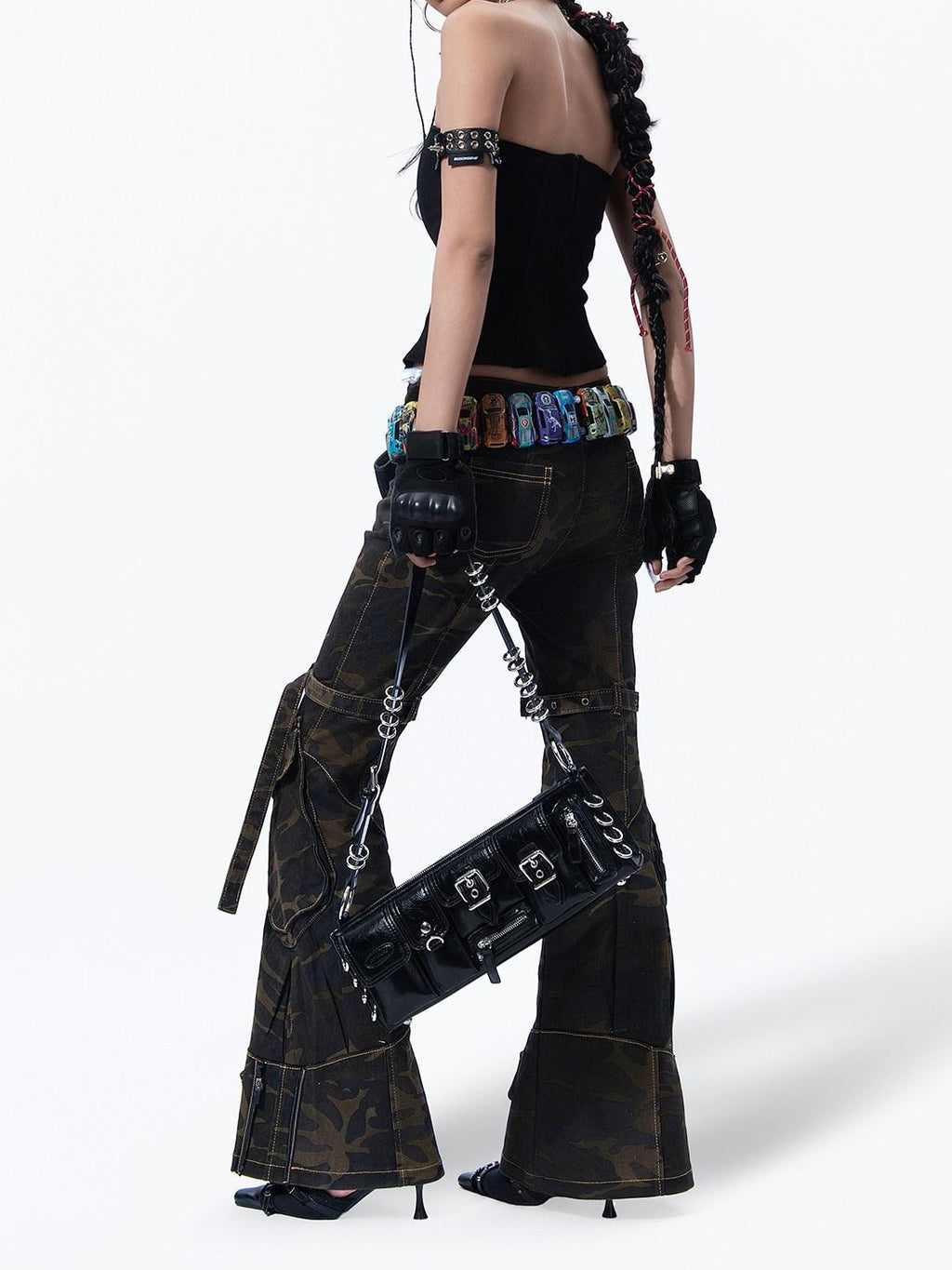 MOGONGSHE Camouflage Vintage Cargo Zipper Printed Slimming Women's Denim Flare Jeans