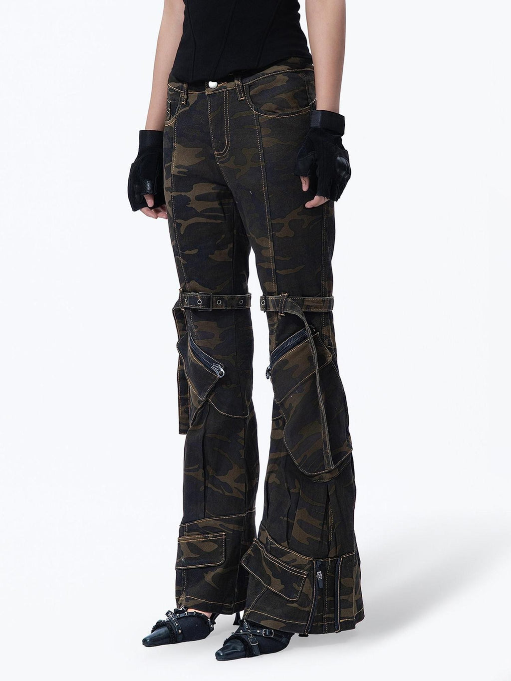 MOGONGSHE Camouflage Vintage Cargo Zipper Printed Slimming Women's Denim Flare Jeans