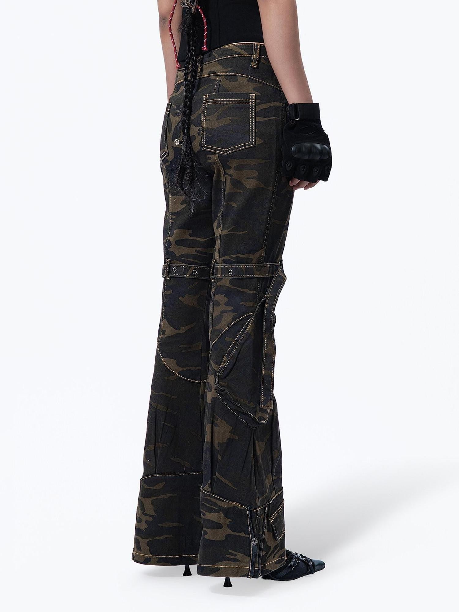 MOGONGSHE Camouflage Vintage Cargo Zipper Printed Slimming Women's Denim Flare Jeans