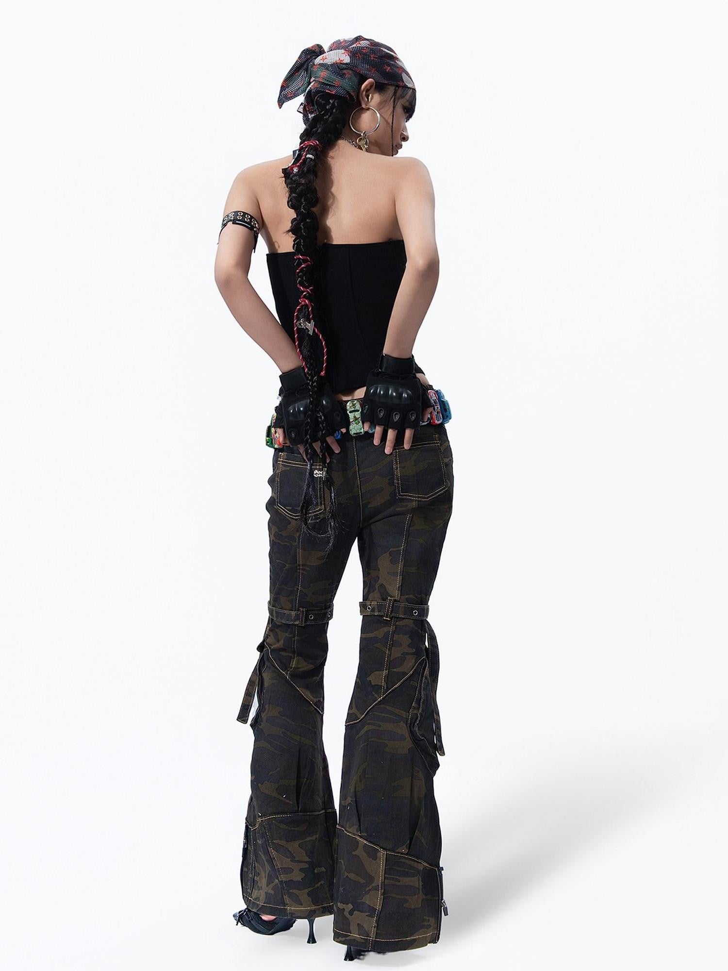 MOGONGSHE Camouflage Vintage Cargo Zipper Printed Slimming Women's Denim Flare Jeans