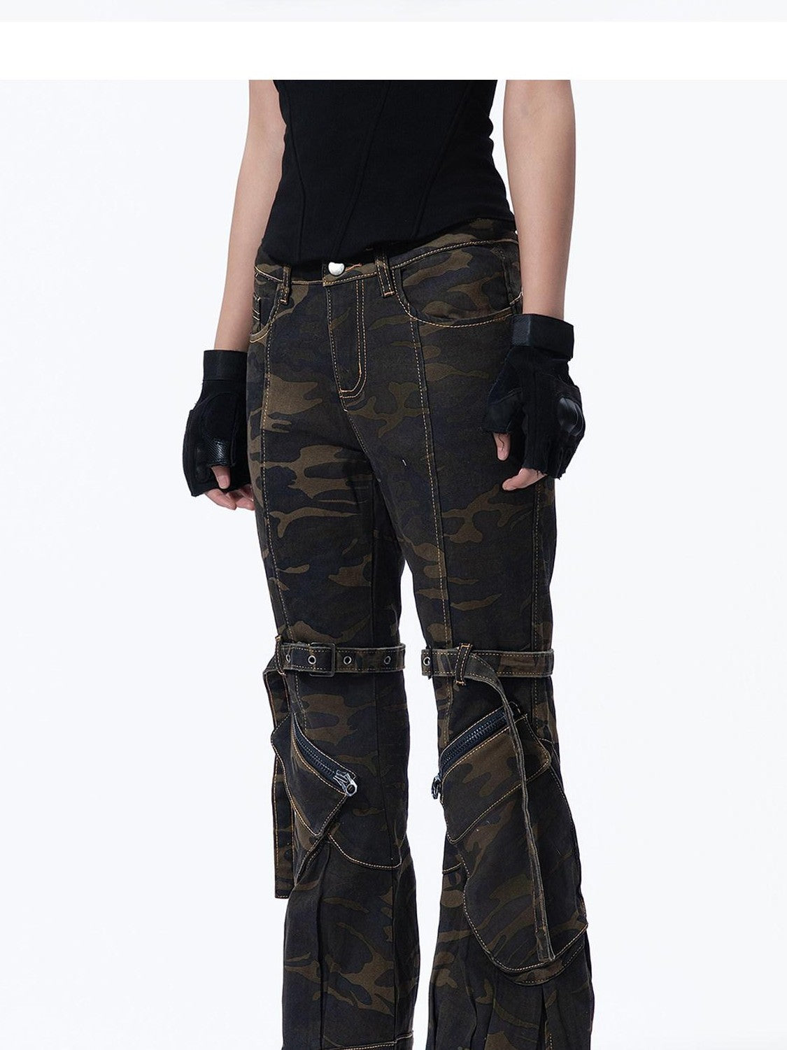 MOGONGSHE Camouflage Vintage Cargo Zipper Printed Slimming Women's Denim Flare Jeans