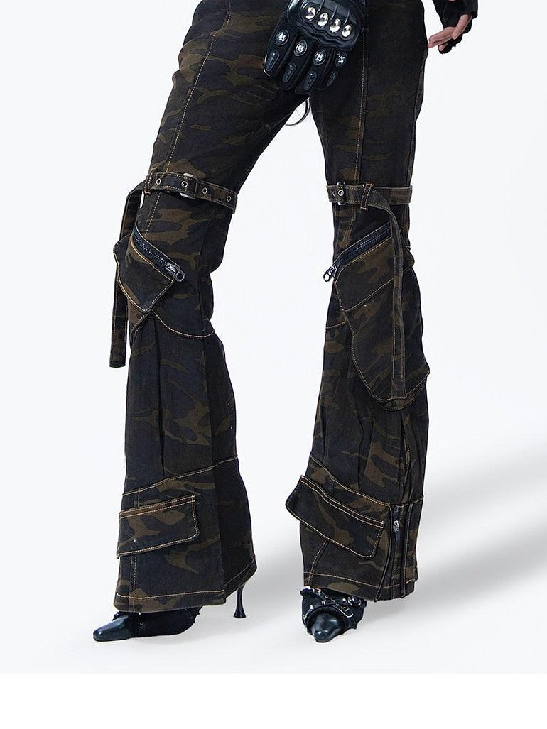 MOGONGSHE Camouflage Vintage Cargo Zipper Printed Slimming Women's Denim Flare Jeans
