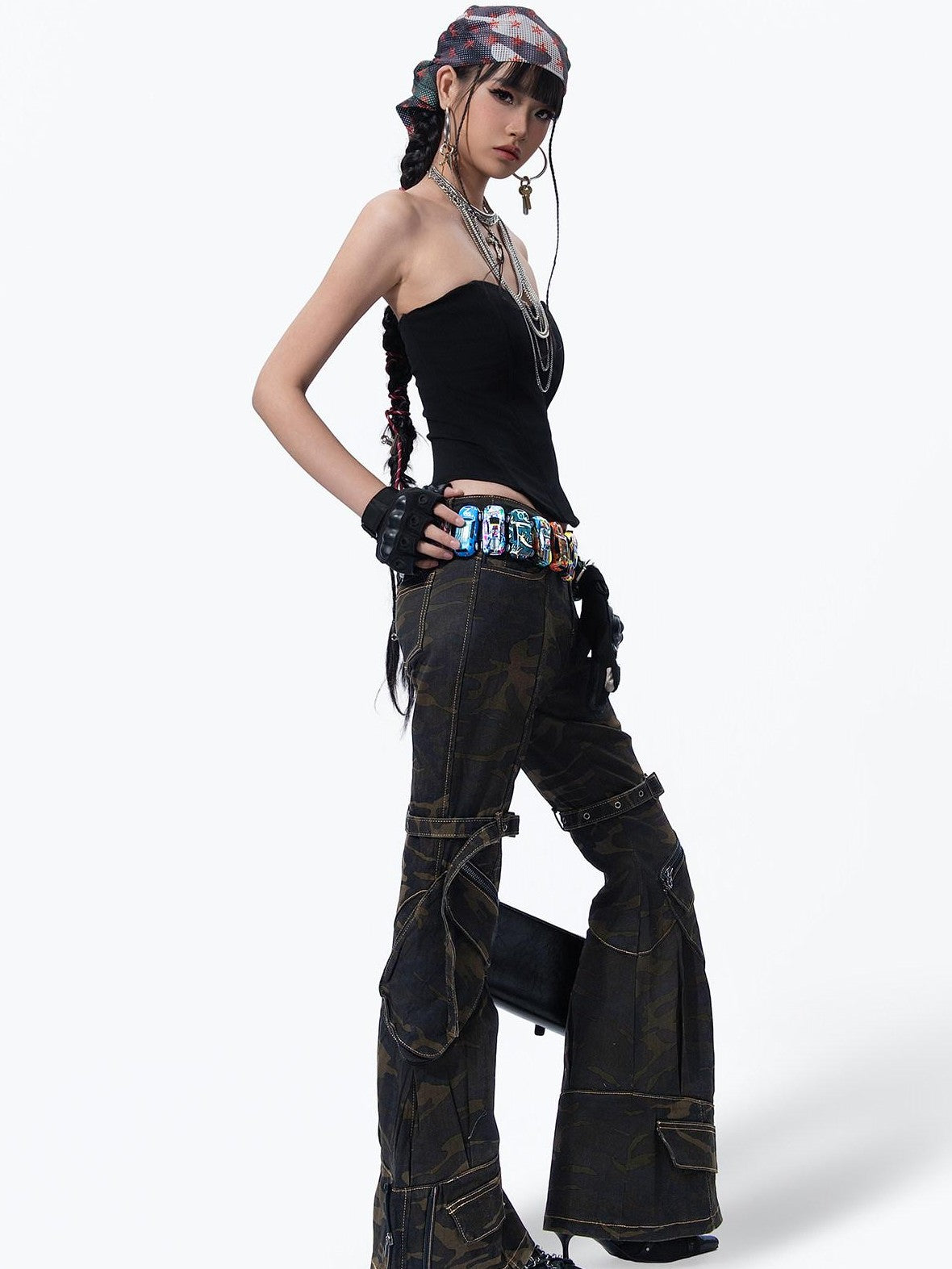 MOGONGSHE Camouflage Vintage Cargo Zipper Printed Slimming Women's Denim Flare Jeans