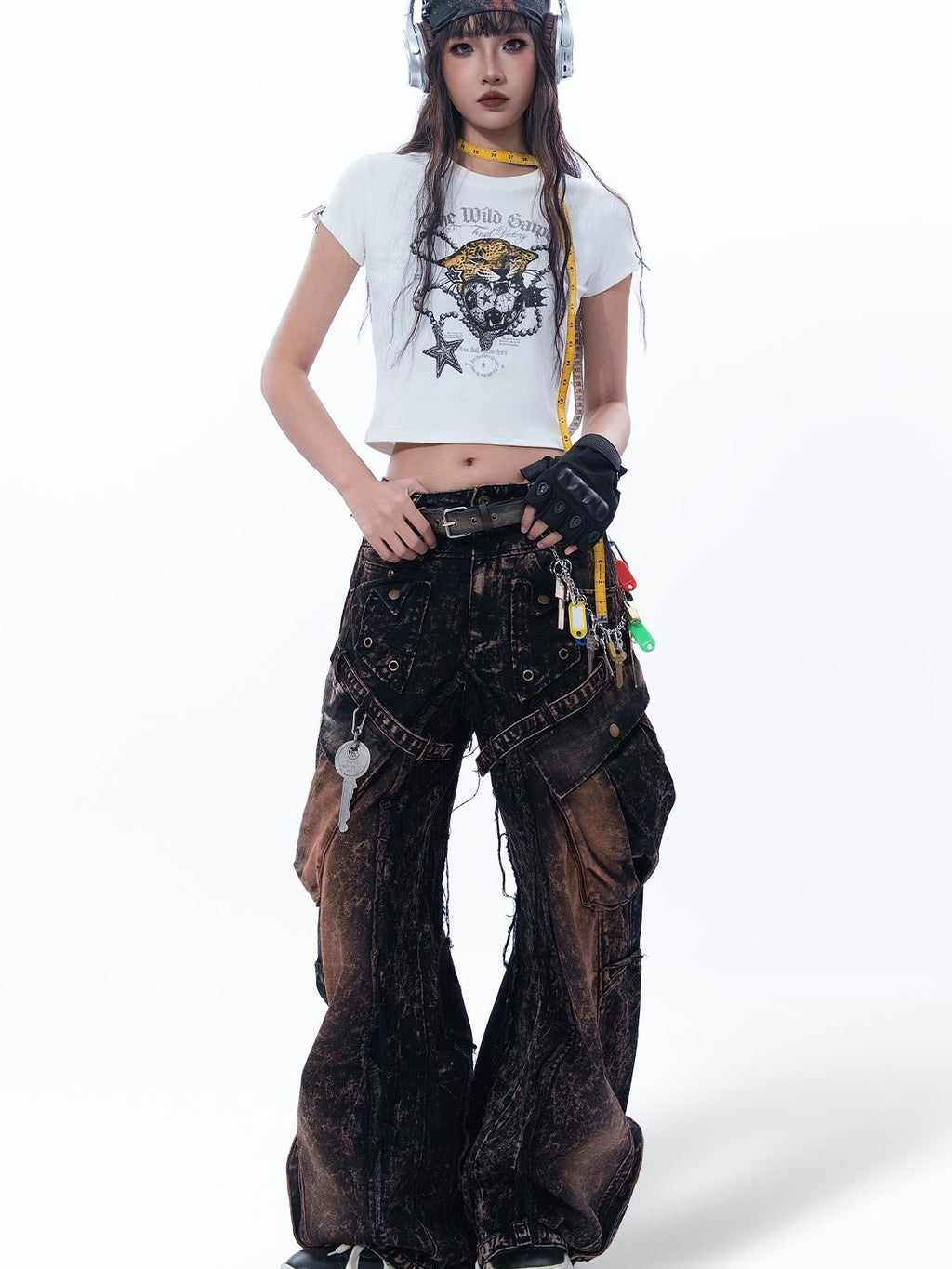 MOGONGSHE Chain Leopard Print Slim Fit Short Sleeve Women's Cotton Crop Tops