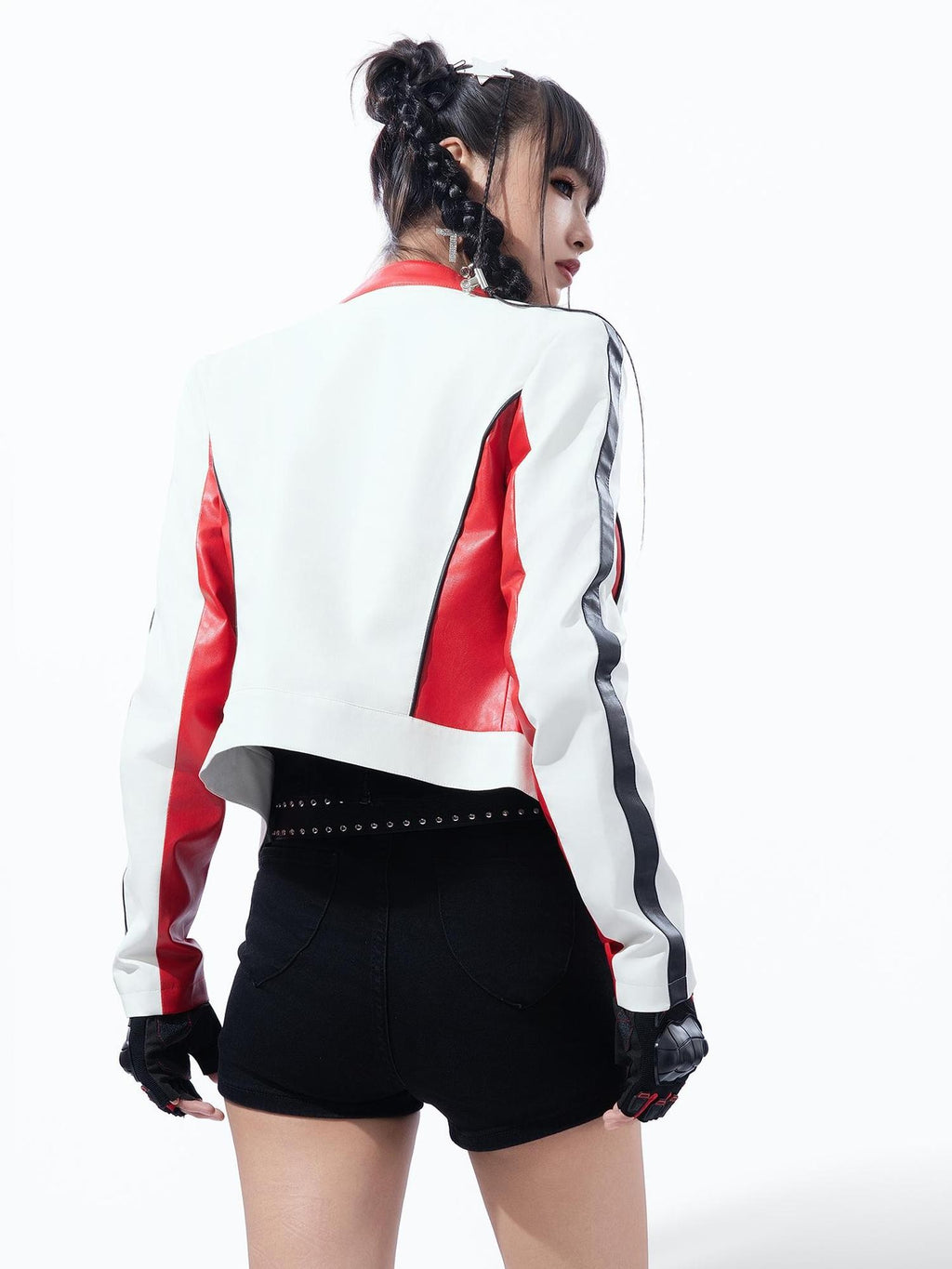 MOGONGSHE Color Block Letter Print High Waist Pu Women's Leather Jackets