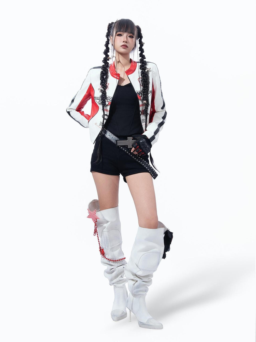 MOGONGSHE Color Block Letter Print High Waist Pu Women's Leather Jackets
