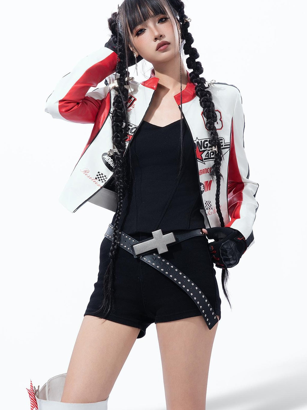 MOGONGSHE Color Block Letter Print High Waist Pu Women's Leather Jackets