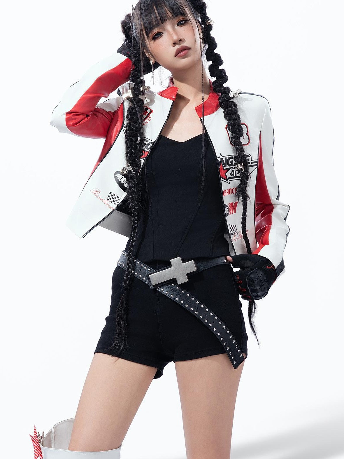 MOGONGSHE Color Block Letter Print High Waist Pu Women's Leather Jackets