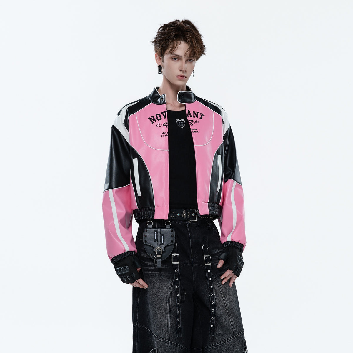 MOGONGSHE_Color_Block_Letter_Print_Stand_Collar_Cropped_Pu_Women's_Moto_Jackets_1090804990497_MISSTT