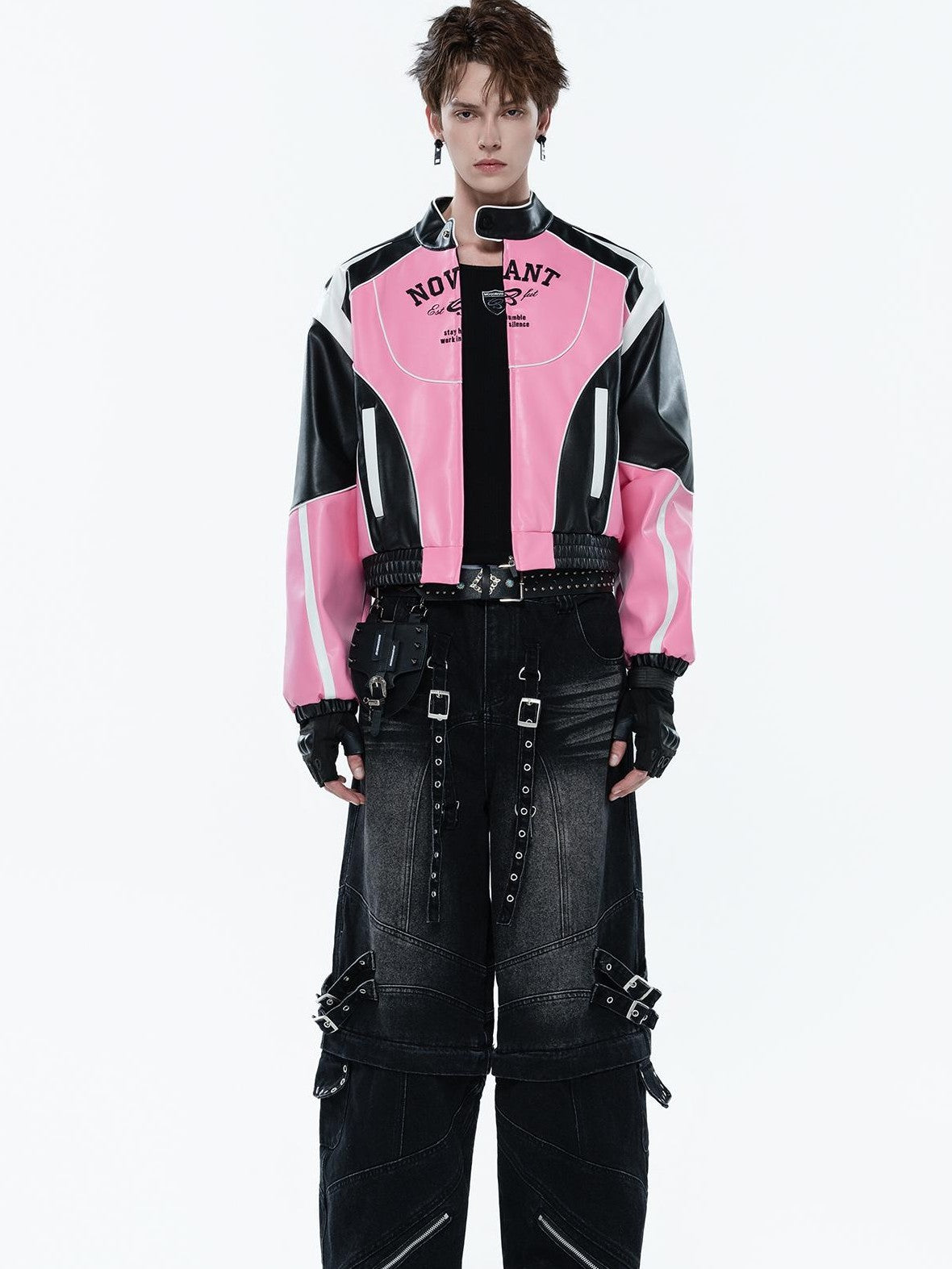MOGONGSHE Color Block Letter Print Stand Collar Cropped Pu Women's Moto Jackets