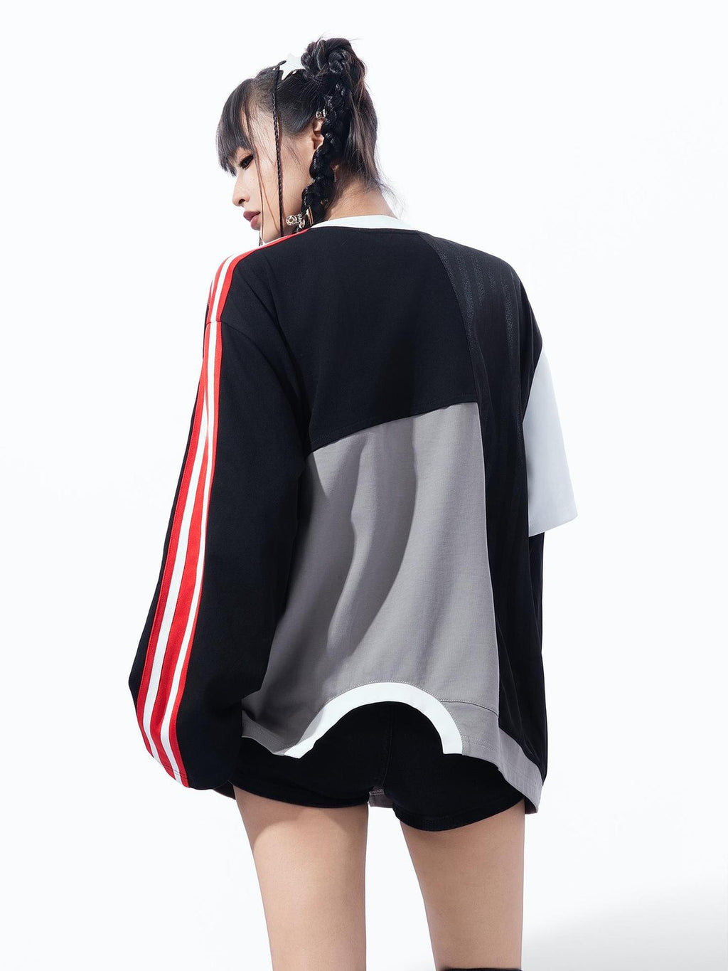 MOGONGSHE Color Block Patchwork Deconstructed Racing Women's Cotton Crewneck Sweatshirts