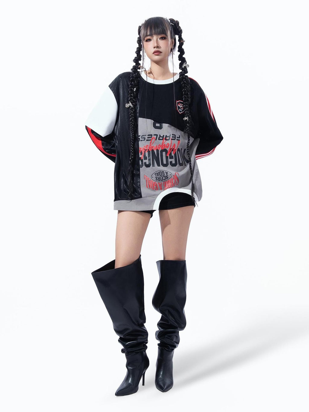 MOGONGSHE Color Block Patchwork Deconstructed Racing Women's Cotton Crewneck Sweatshirts