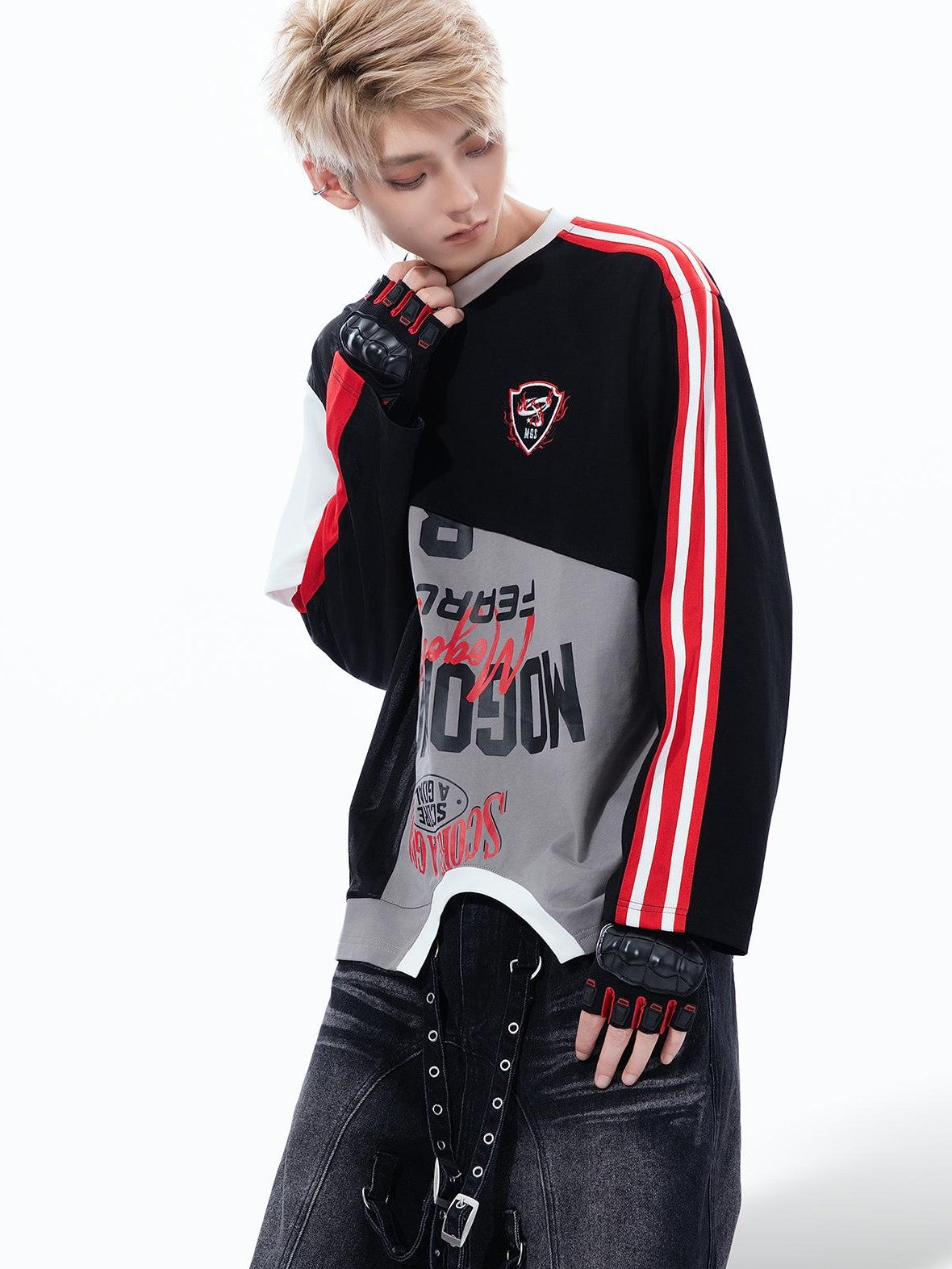 MOGONGSHE Color Block Patchwork Deconstructed Racing Women's Cotton Crewneck Sweatshirts