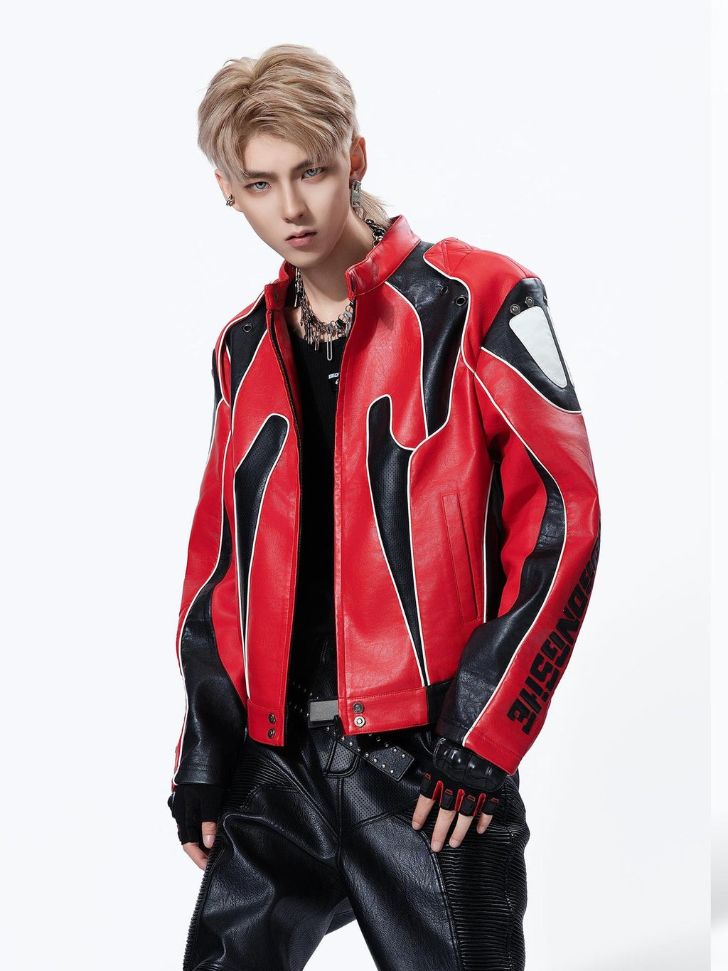 MOGONGSHE Color Block Stand Collar Cropped Pu Women's Leather Jackets