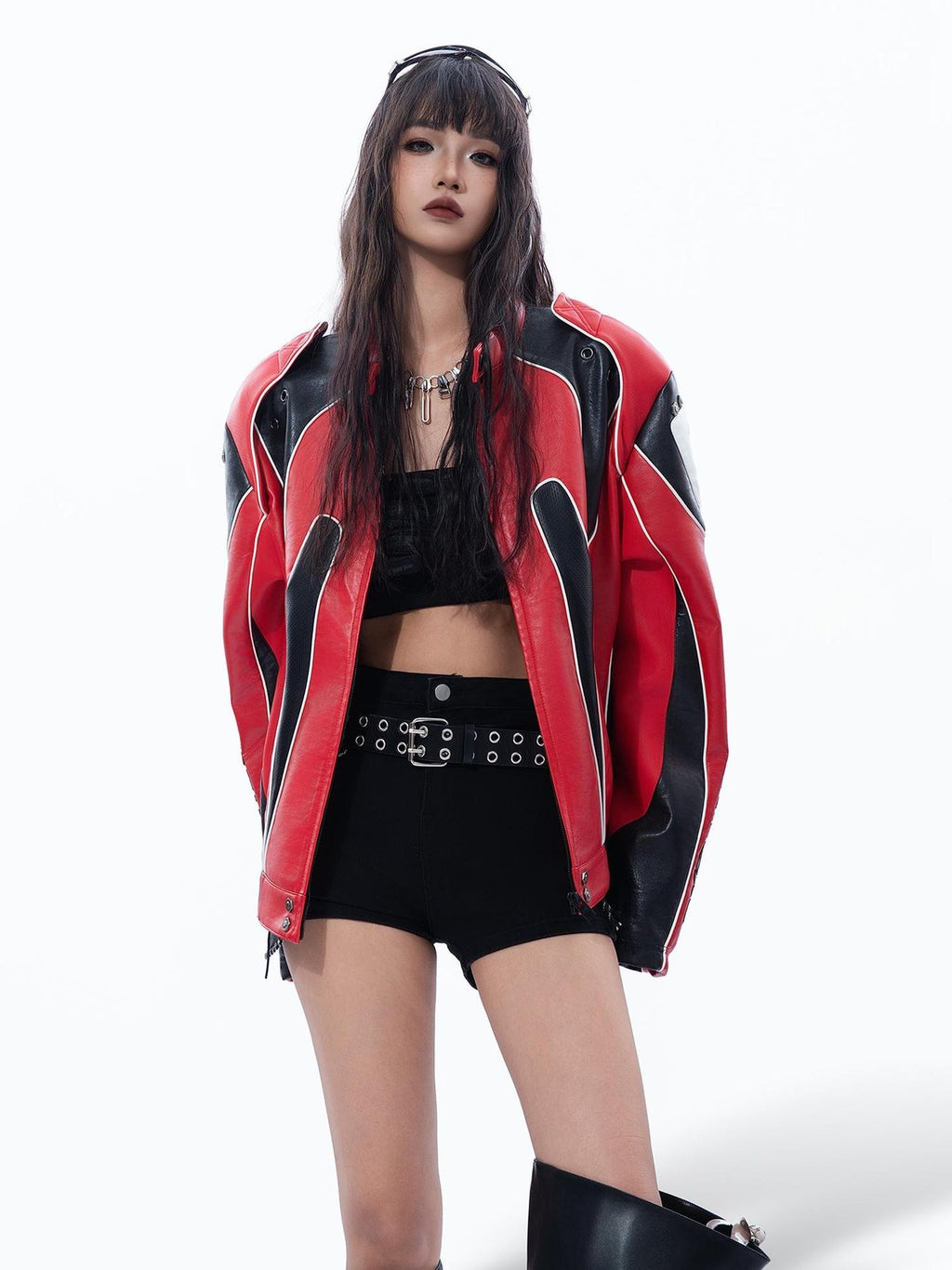 MOGONGSHE Color Block Stand Collar Cropped Pu Women's Leather Jackets