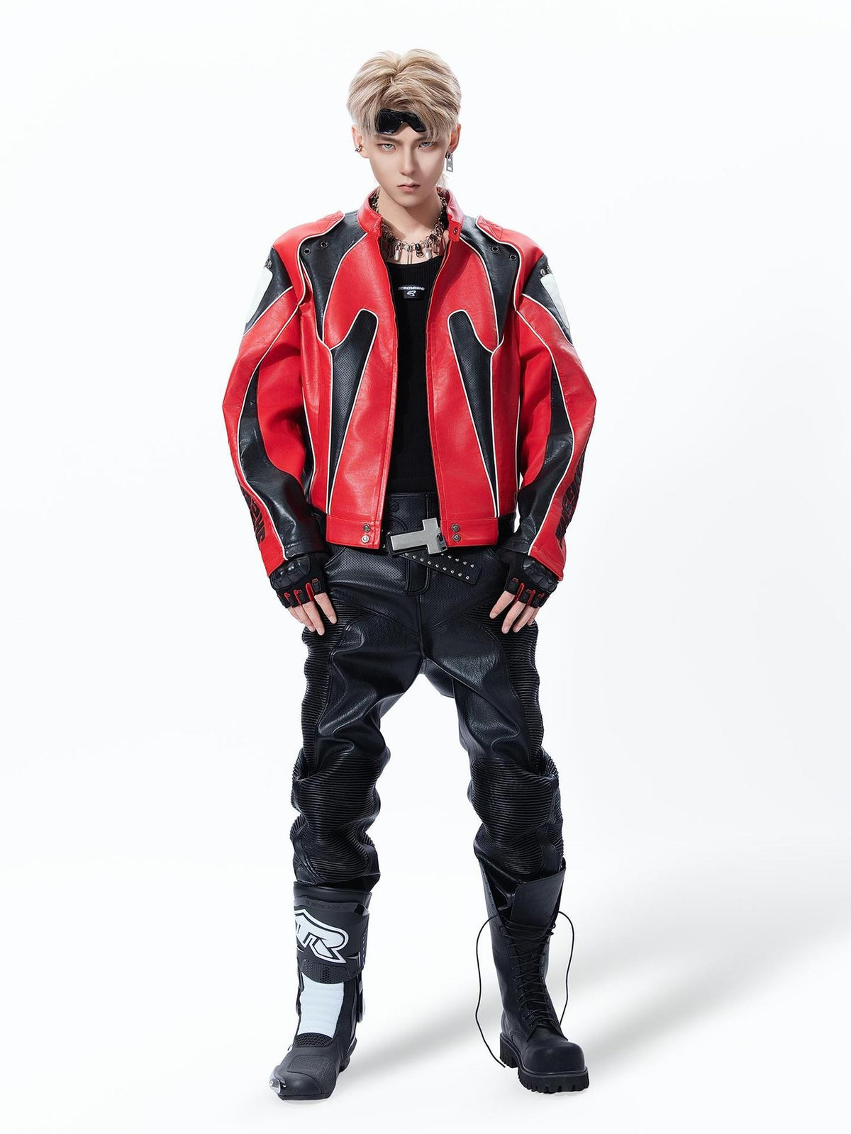 MOGONGSHE Color Block Stand Collar Cropped Pu Women's Leather Jackets