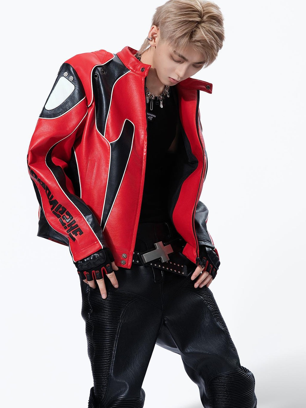 MOGONGSHE Color Block Stand Collar Cropped Pu Women's Leather Jackets