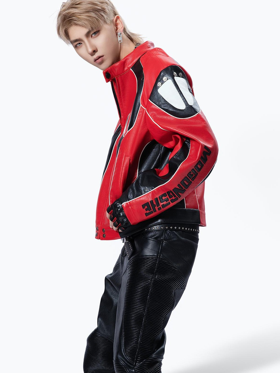 MOGONGSHE Color Block Stand Collar Cropped Pu Women's Leather Jackets