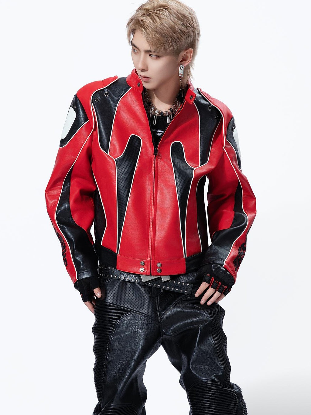 MOGONGSHE Color Block Stand Collar Cropped Pu Women's Leather Jackets